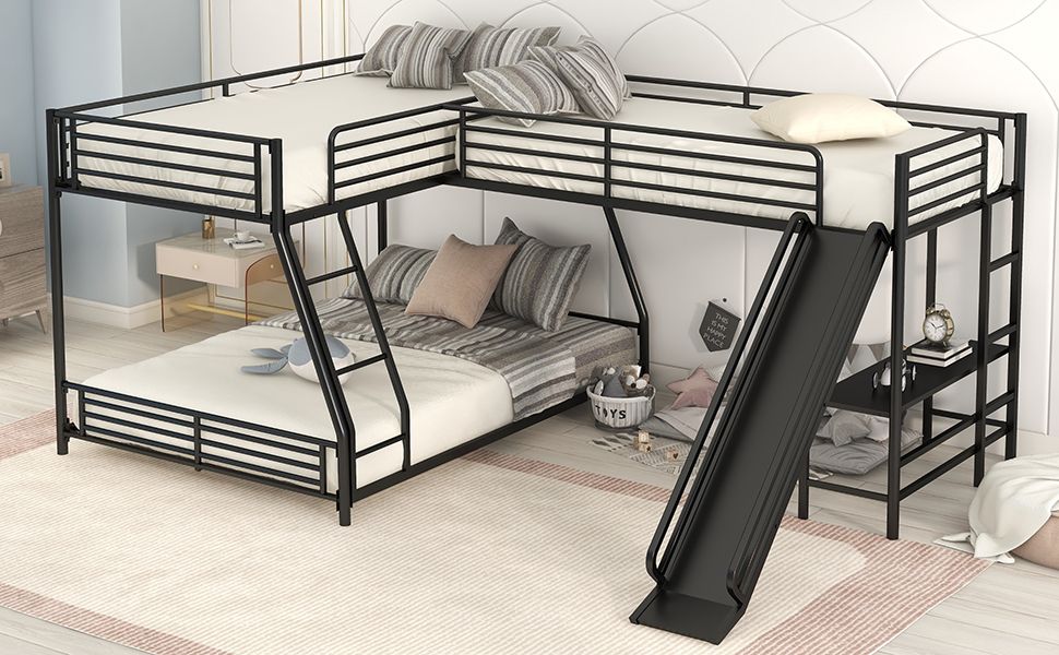 Triple Sleep L-Shaped Twin Over Full Bunk Bed with Twin Loft, Built-in Desk and Slide, Metal Black | Just Better Bunk Beds