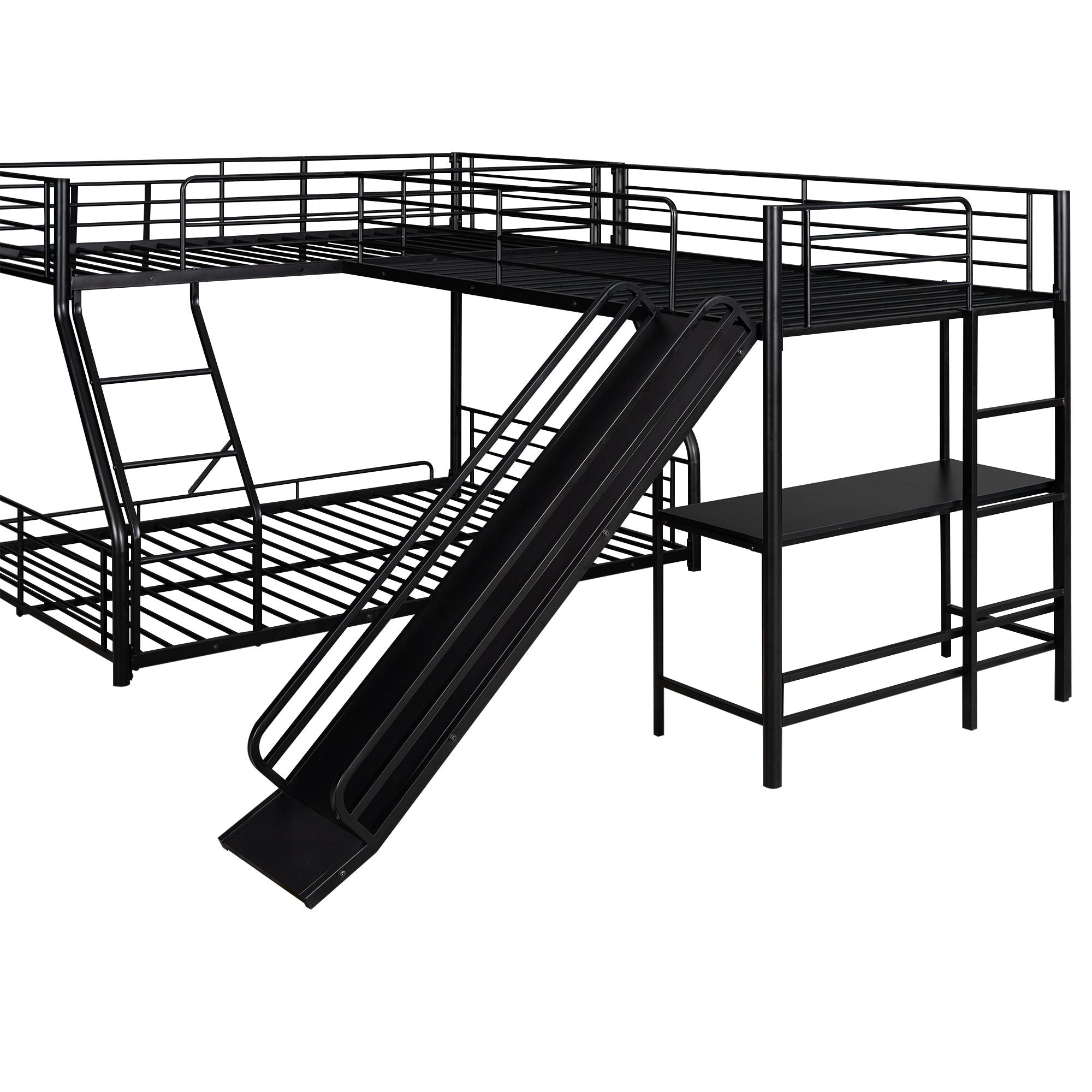 Triple Sleep L-Shaped Twin Over Full Bunk Bed with Twin Loft, Built-in Desk and Slide, Metal Black | Just Better Bunk Beds