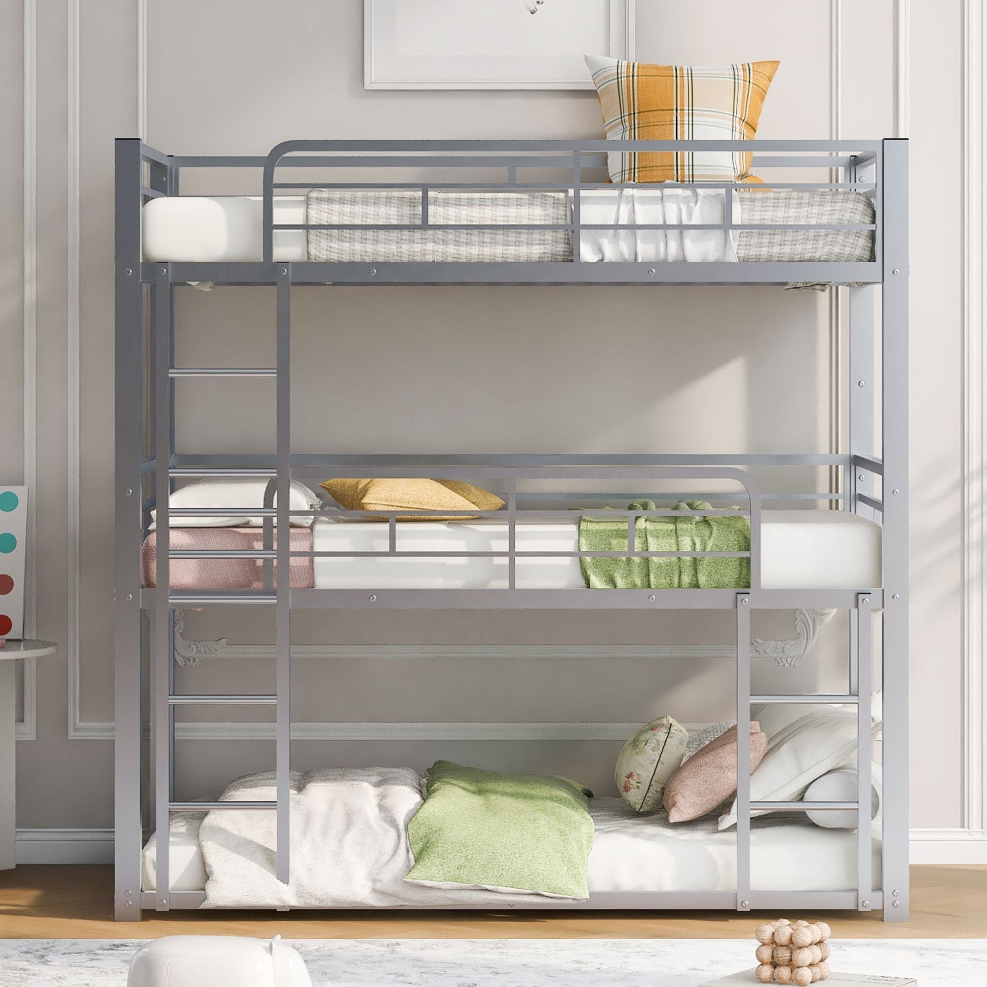 Triple Twin Over Twin Metal Bunk Bed with Storage Shelves, Silver | Just Better Bunk Beds