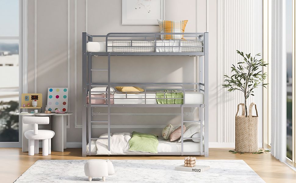 Triple Twin Over Twin Metal Bunk Bed with Storage Shelves, Silver | Just Better Bunk Beds