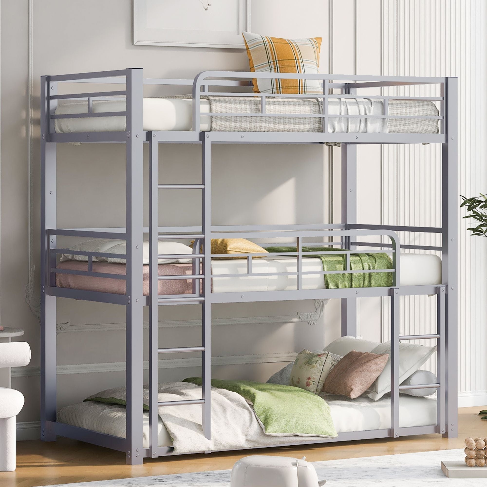 Triple Twin Over Twin Metal Bunk Bed with Storage Shelves, Silver | Just Better Bunk Beds