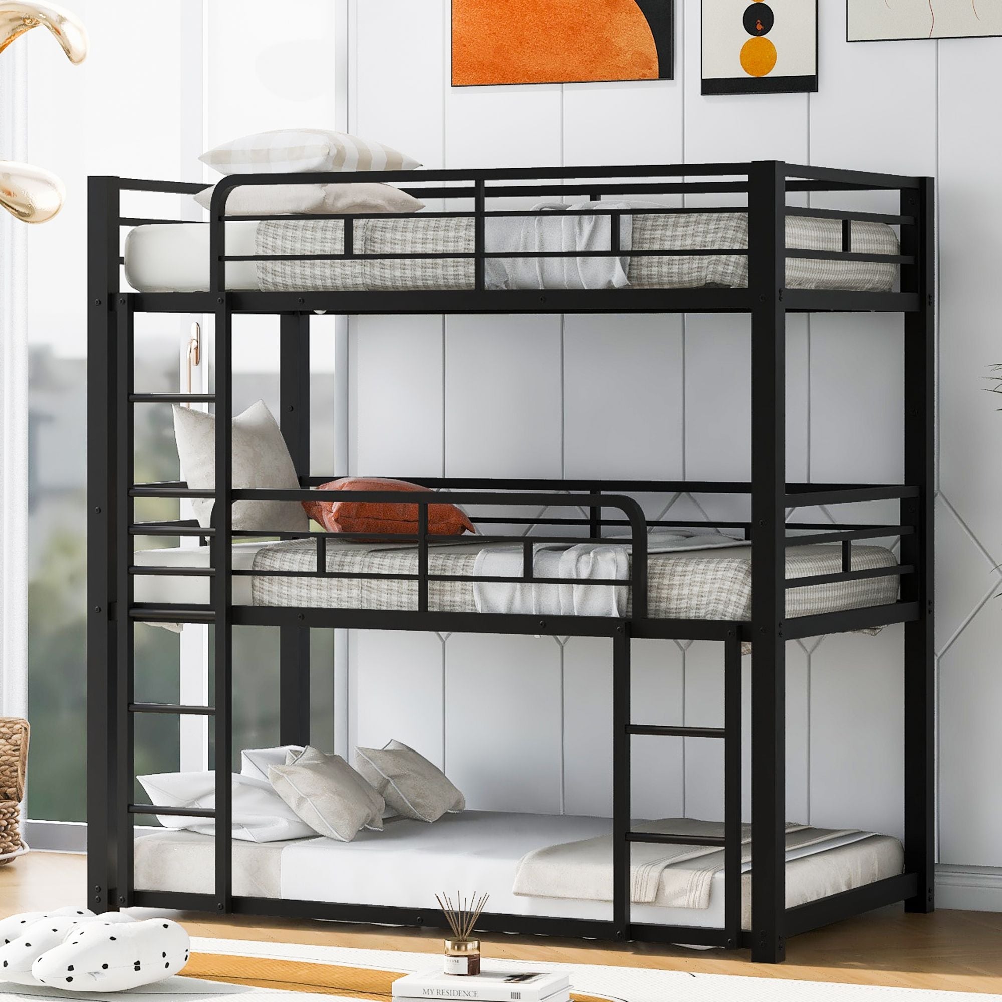 Triple Twin Over Twin Metal Bunk Bed with Storage Shelves, Silver | Just Better Bunk Beds