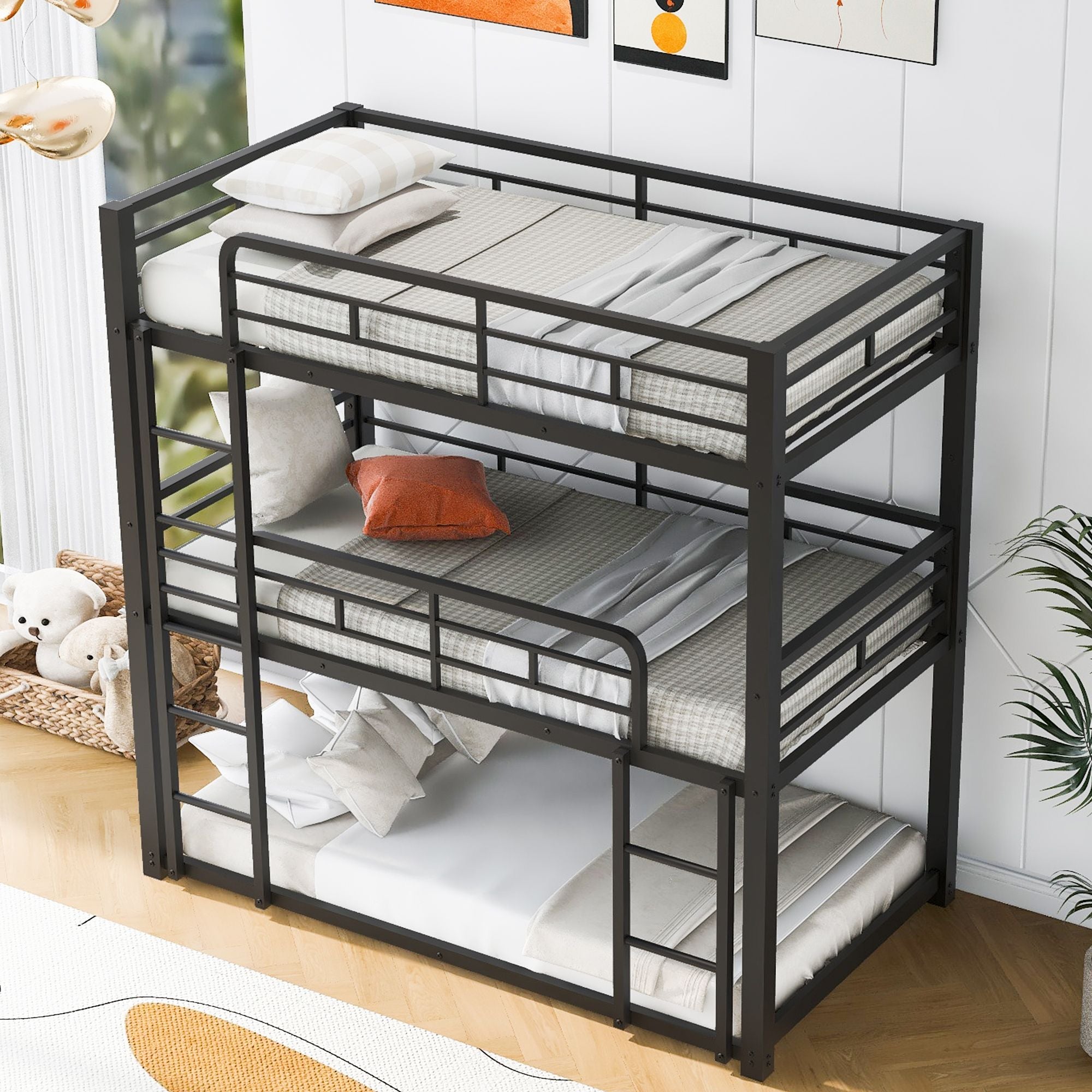 Triple Twin Over Twin Metal Bunk Bed with Storage Shelves, Silver | Just Better Bunk Beds