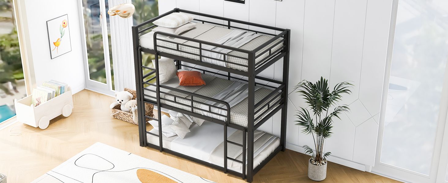 Triple Twin Over Twin Metal Bunk Bed with Storage Shelves, Silver | Just Better Bunk Beds