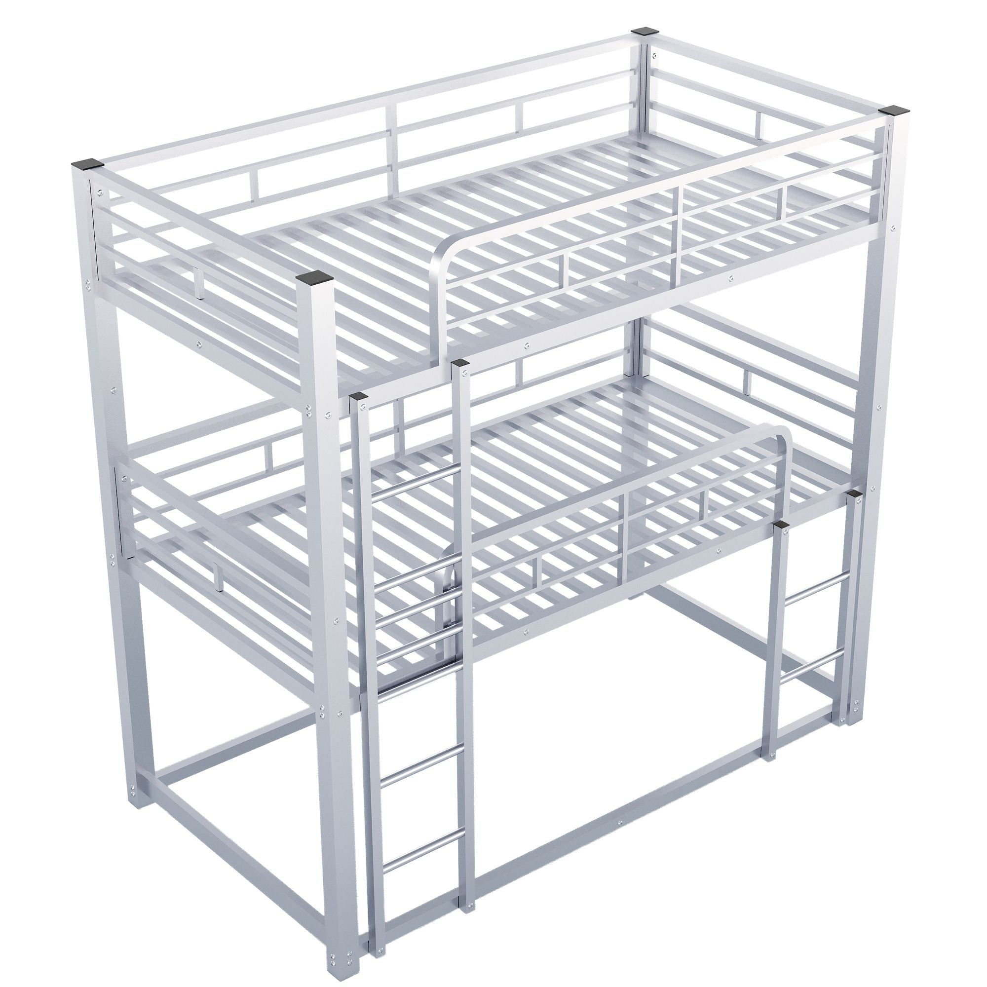 Triple Twin Over Twin Metal Bunk Bed with Storage Shelves, Silver | Just Better Bunk Beds