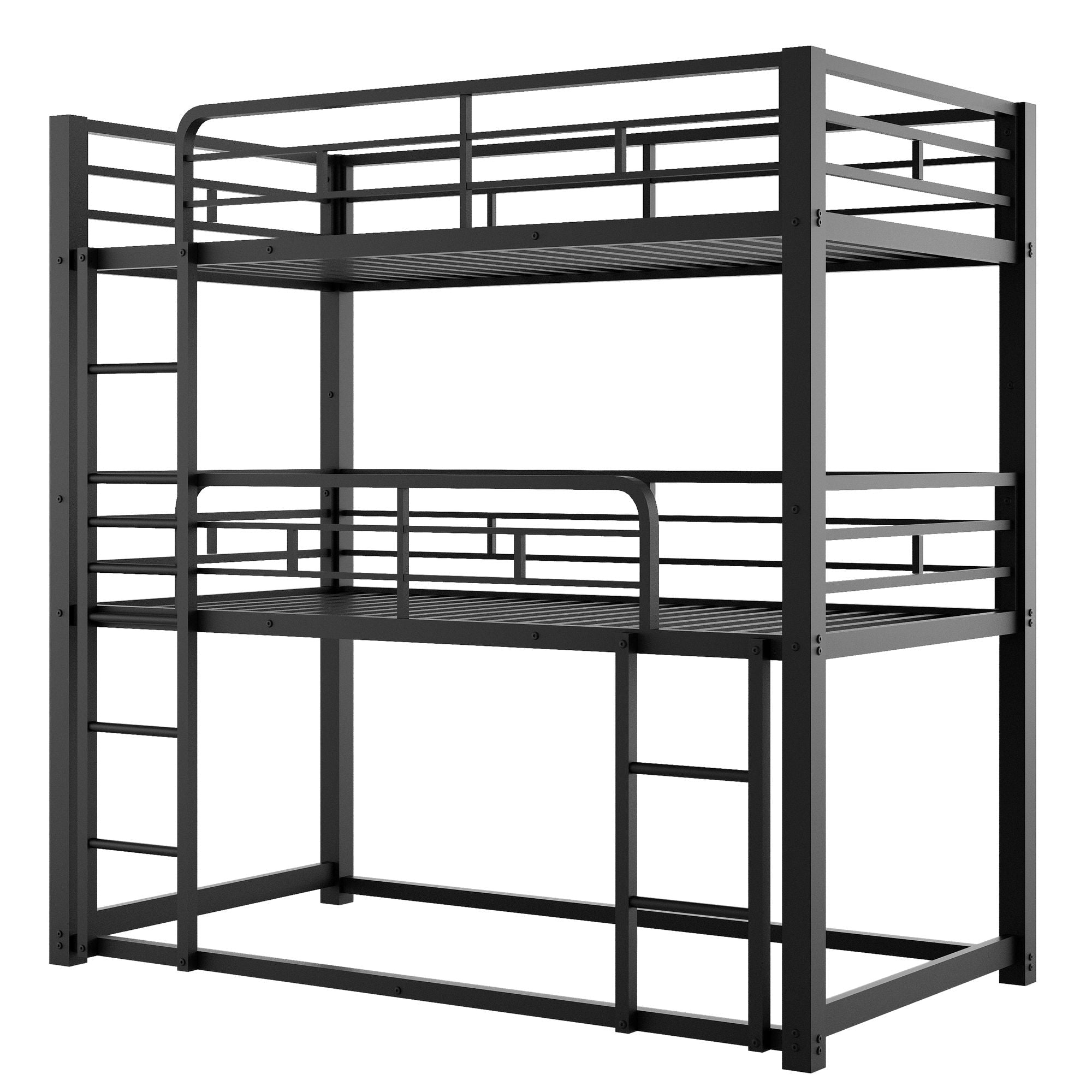 Triple Twin Over Twin Metal Bunk Bed with Storage Shelves, Silver | Just Better Bunk Beds