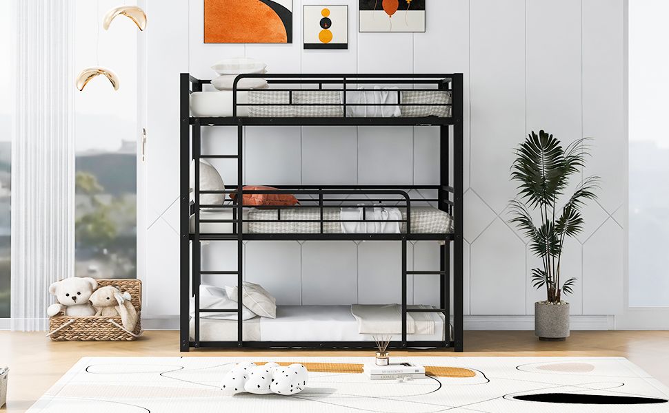 Triple Twin Over Twin Metal Bunk Bed with Storage Shelves, Silver | Just Better Bunk Beds