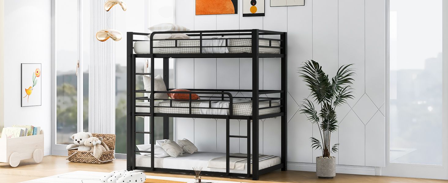 Triple Twin Over Twin Metal Bunk Bed with Storage Shelves, Silver | Just Better Bunk Beds
