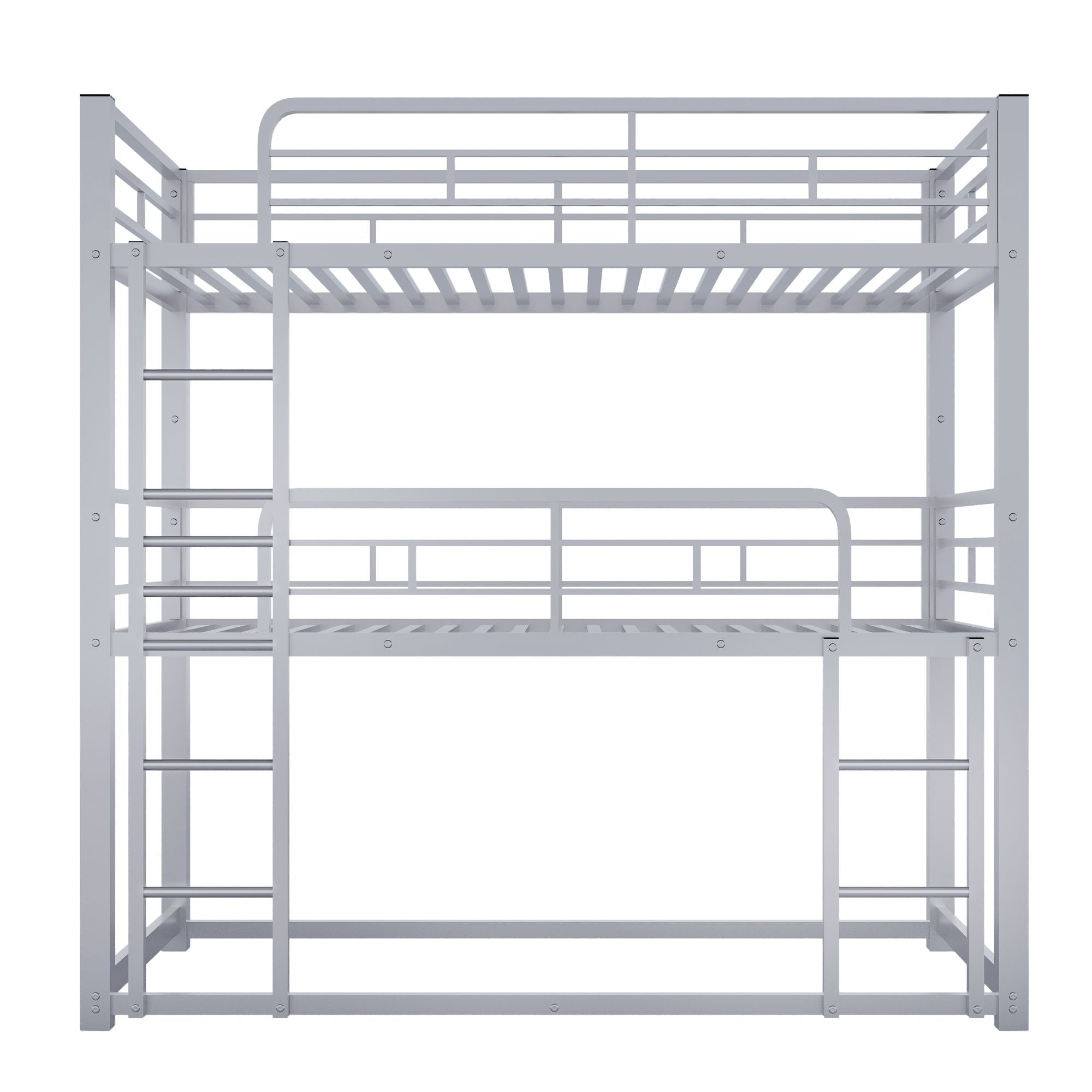 Triple Twin Over Twin Metal Bunk Bed with Storage Shelves, Silver | Just Better Bunk Beds