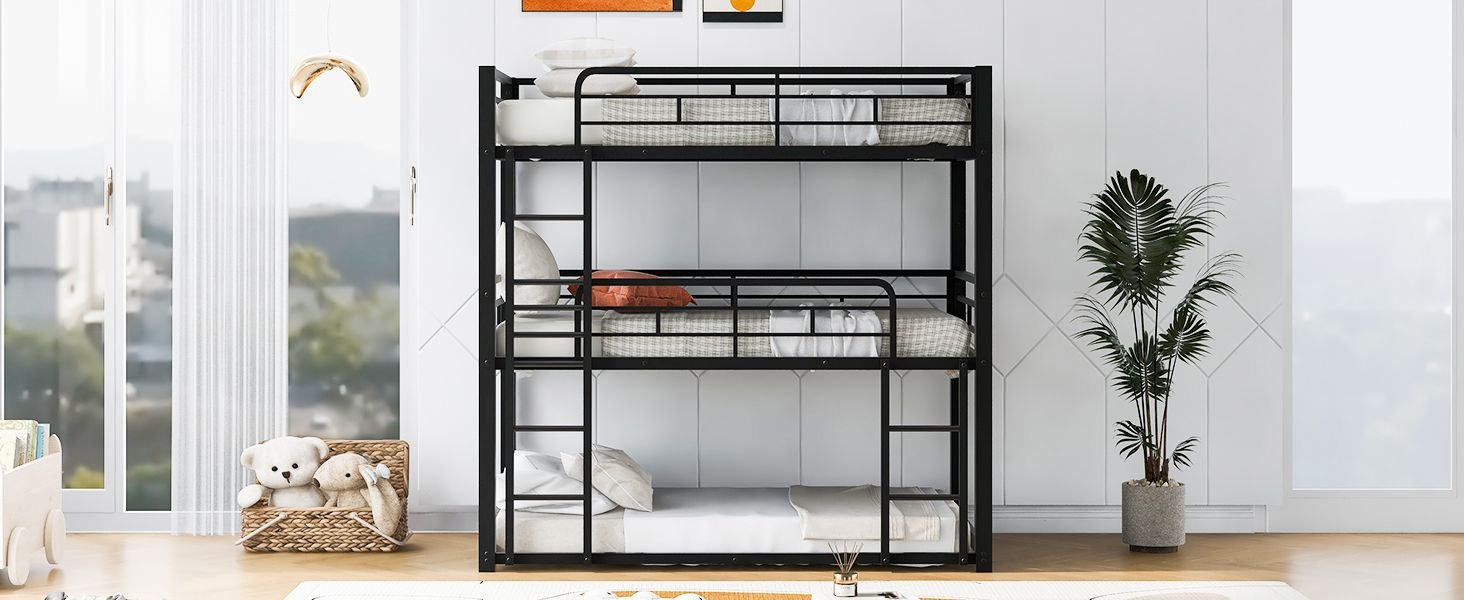 Triple Twin Over Twin Metal Bunk Bed with Storage Shelves, Silver | Just Better Bunk Beds