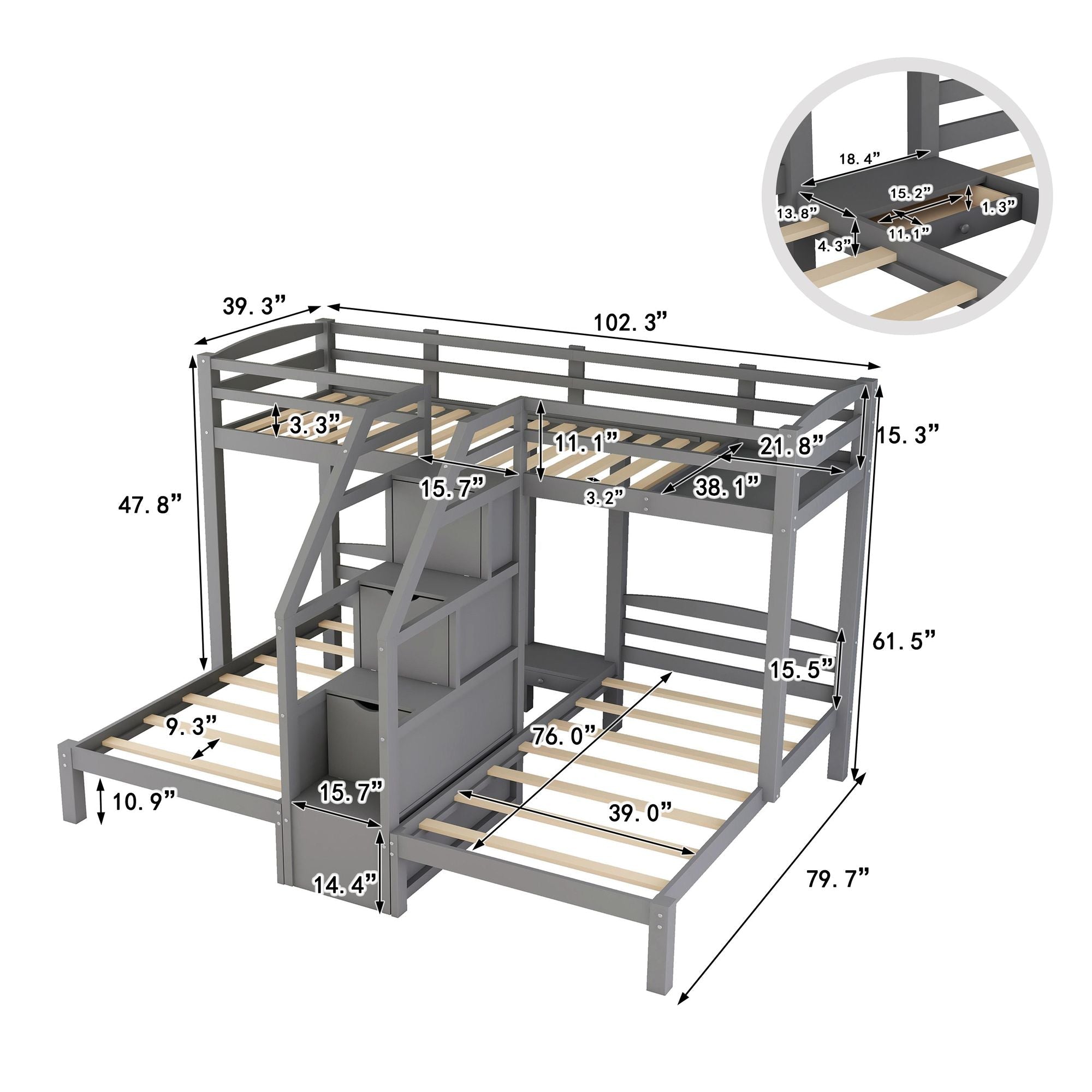 Triple Twin Over Twin Wood Bunk Bed with Built-In Staircase and Storage Drawers Gray | Just Better Bunk Beds