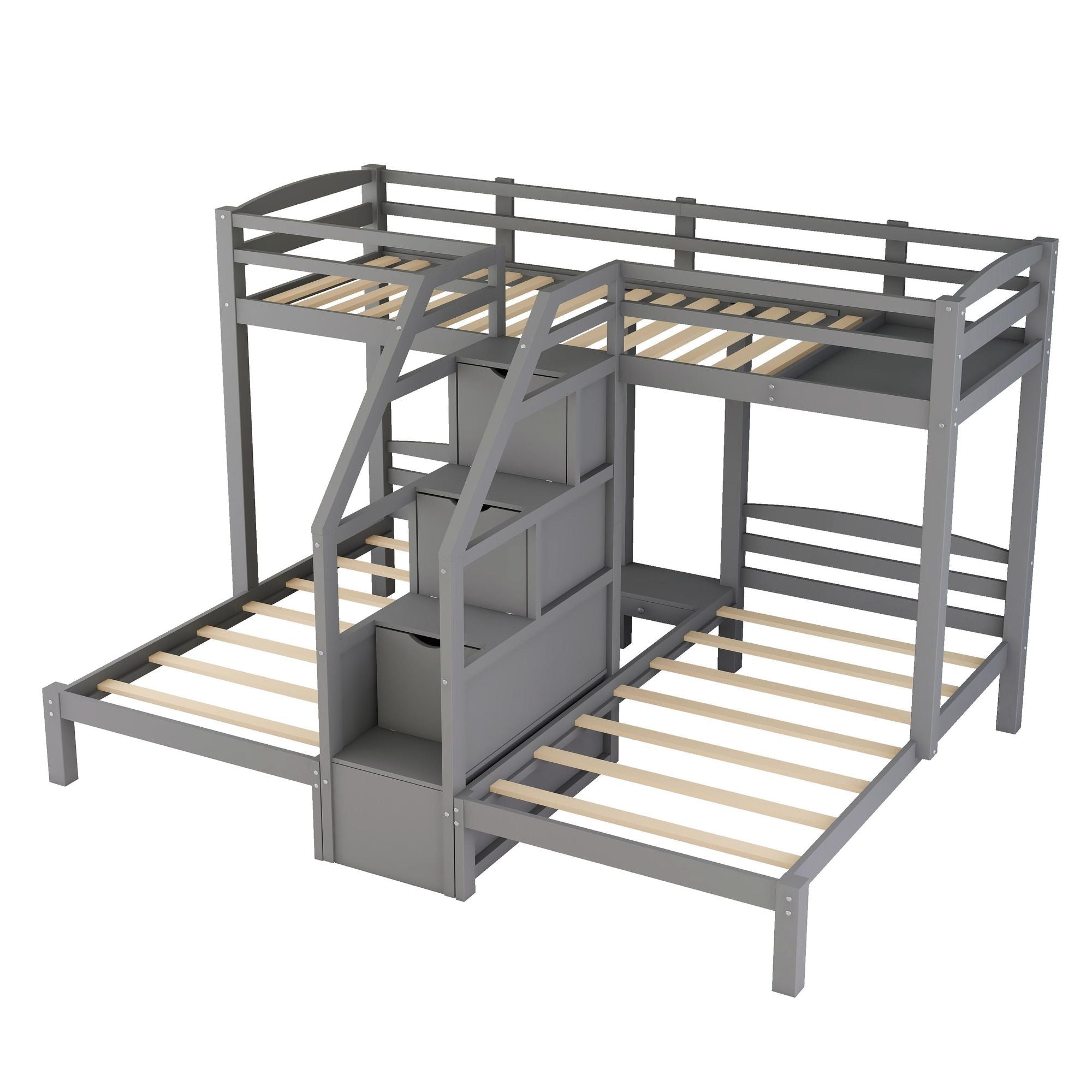 Triple Twin Over Twin Wood Bunk Bed with Built-In Staircase and Storage Drawers Gray | Just Better Bunk Beds