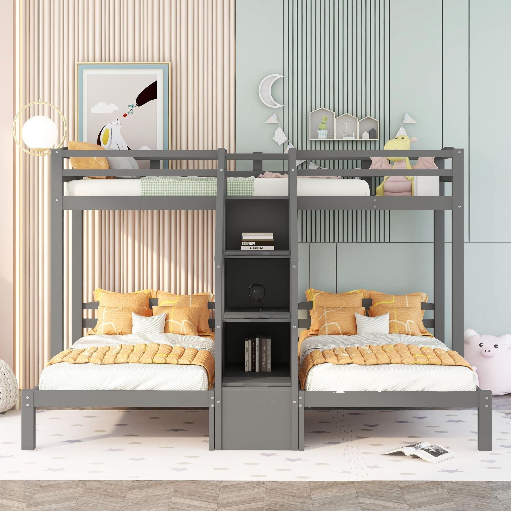 Triple Twin Over Twin Wood Bunk Bed with Built-In Staircase and Storage Drawers Gray | Just Better Bunk Beds