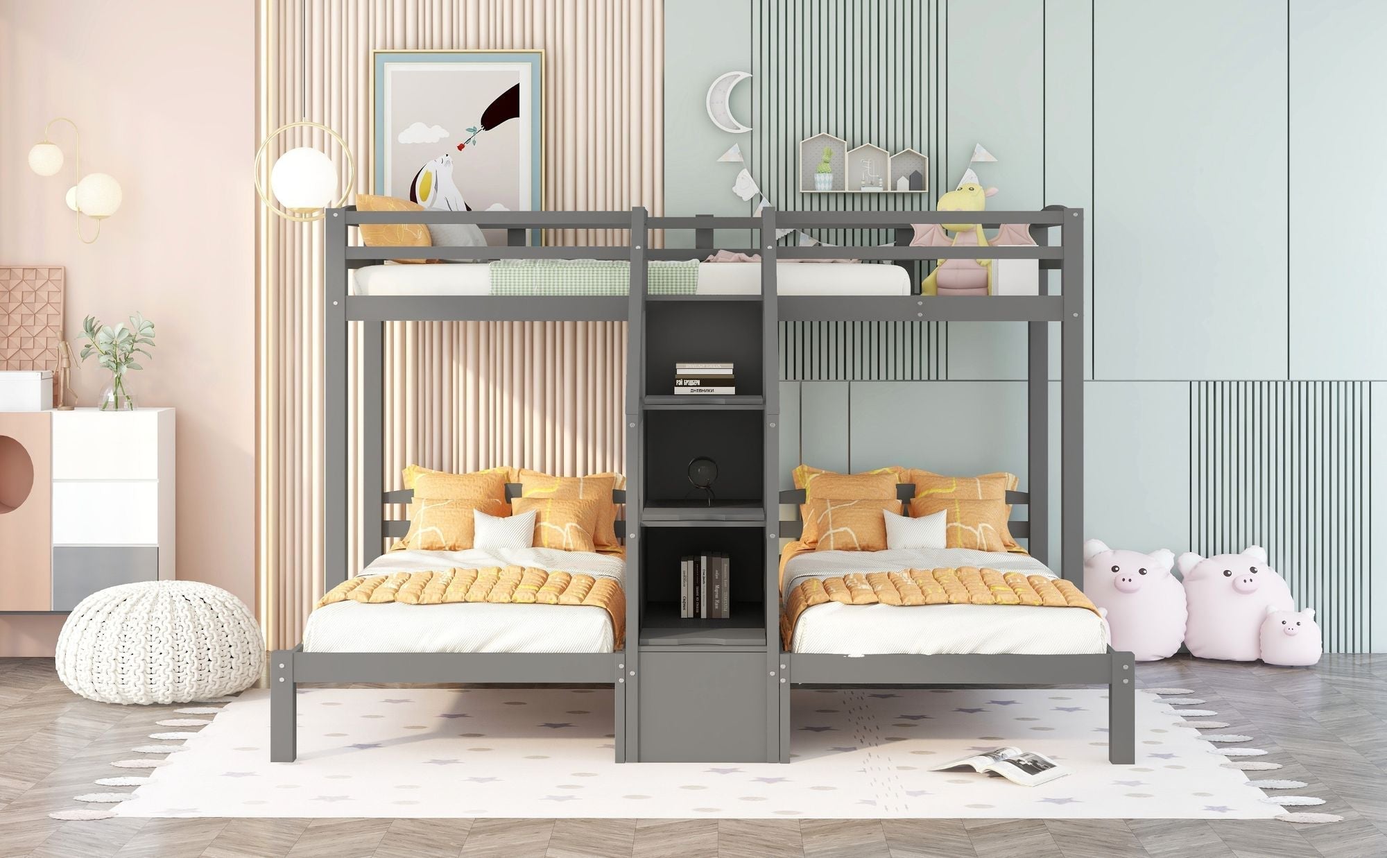 Triple Twin Over Twin Wood Bunk Bed with Built-In Staircase and Storage Drawers Gray | Just Better Bunk Beds