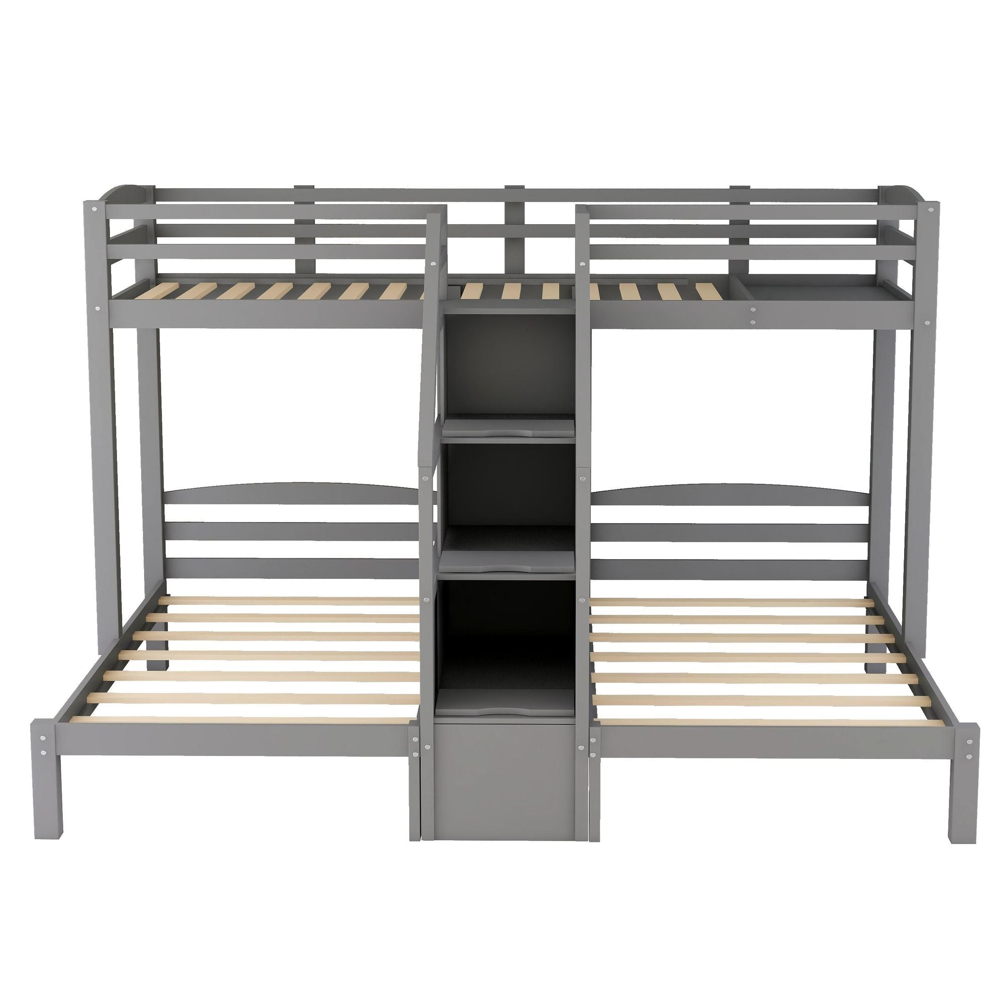 Triple Twin Over Twin Wood Bunk Bed with Built-In Staircase and Storage Drawers Gray | Just Better Bunk Beds