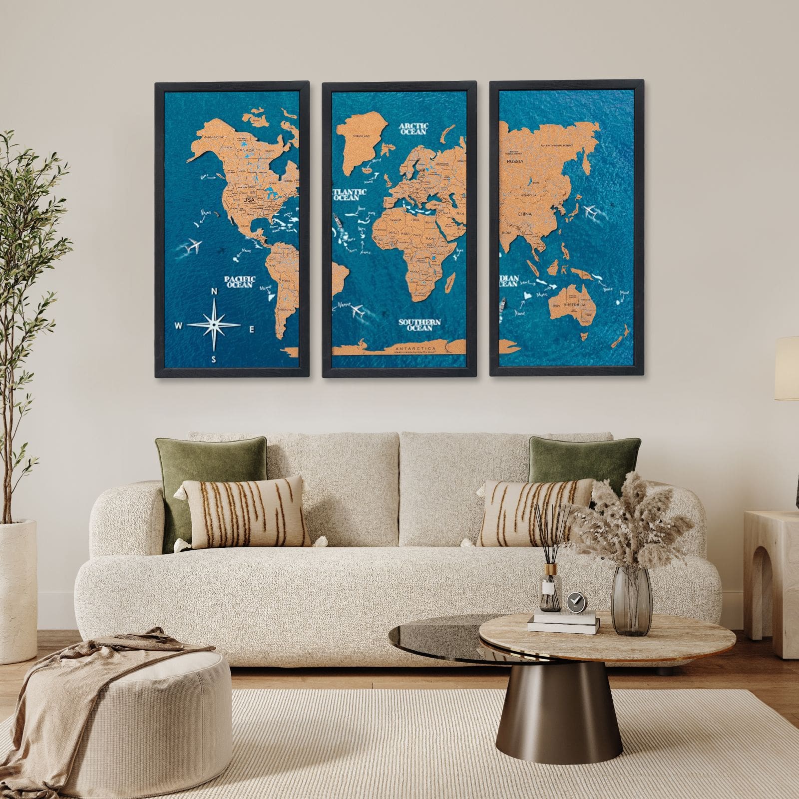 Cork world map triptych - White