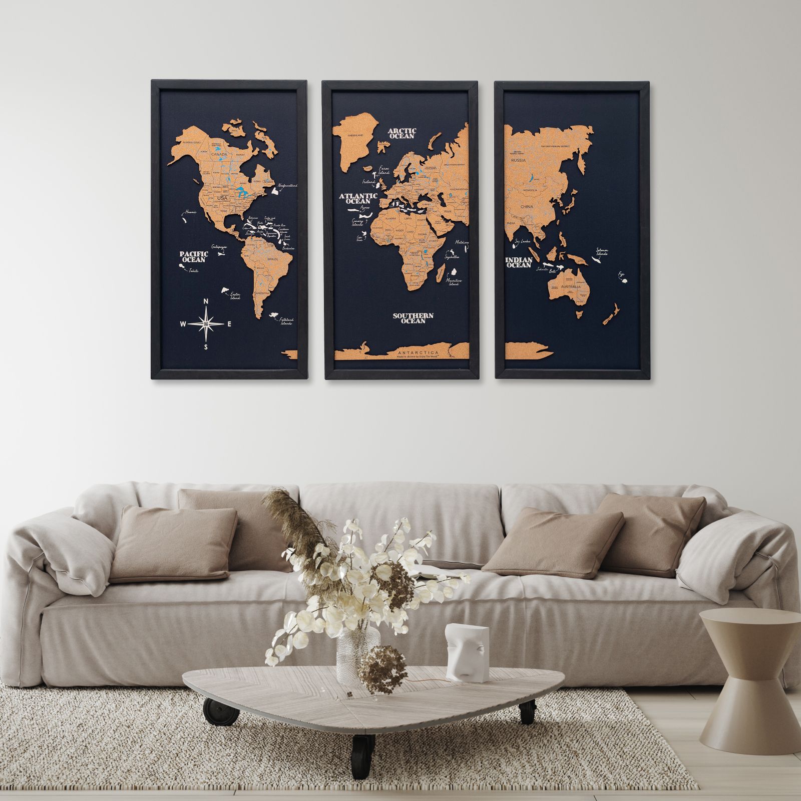 Cork world map triptych - White