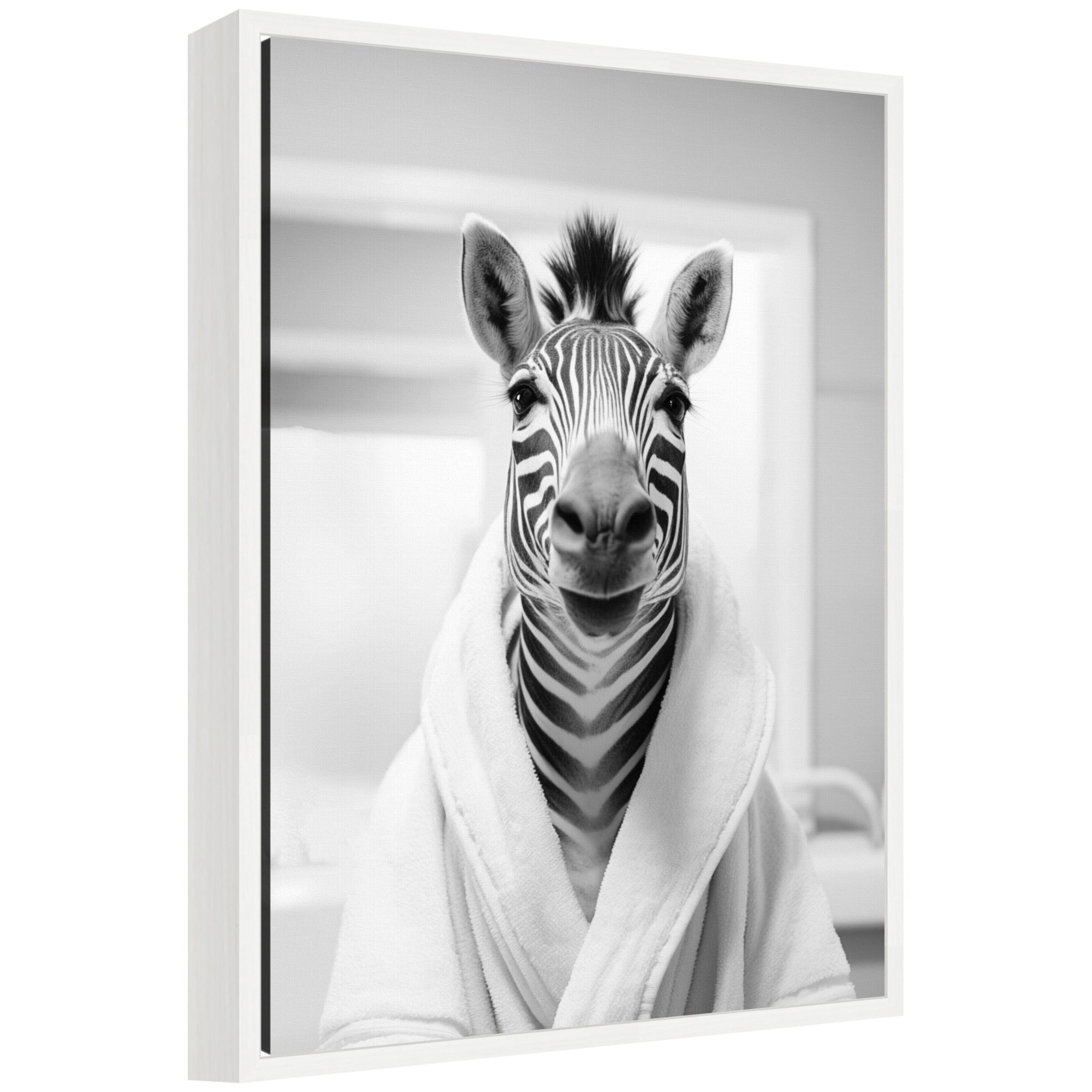 Sylvie Zebra Bathroom Art Towel Robe Black and White Framed Canvas by The Creative Bunch Studio
