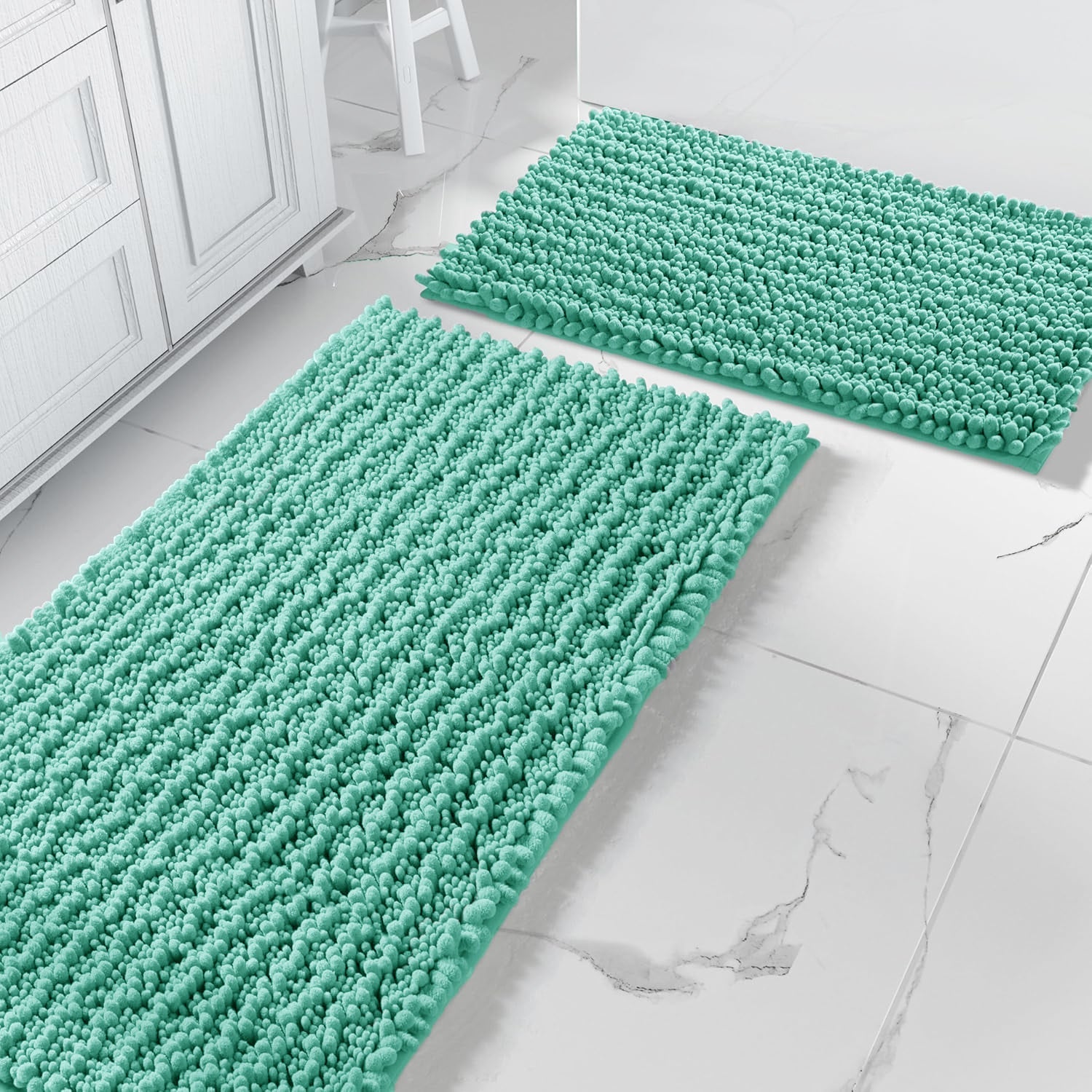 2 Piece Set Turquoise Soft Cozy Plush Chenille Bath Mat Bathroom Rug