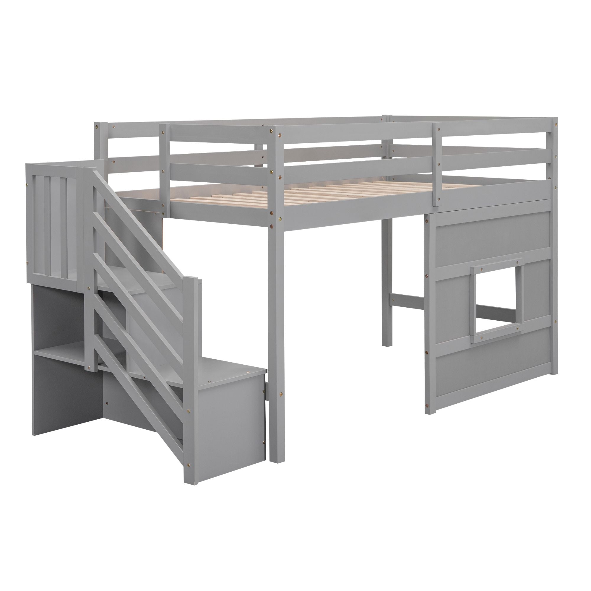 Twin Loft Bed with Storage Staircase and Window in Wood, White or Gray | Just Better Bunk Beds