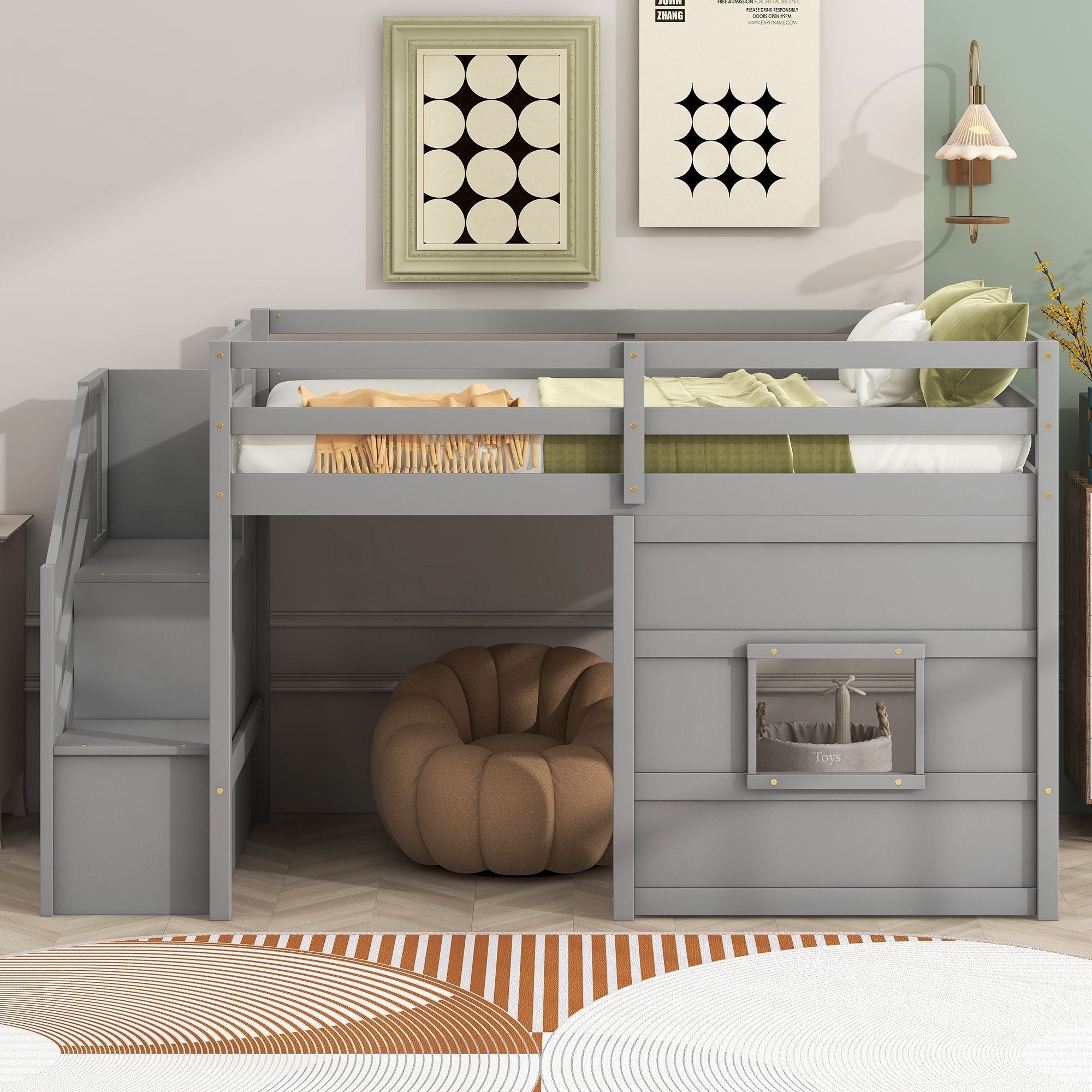 Twin Loft Bed with Storage Staircase and Window in Wood, White or Gray | Just Better Bunk Beds