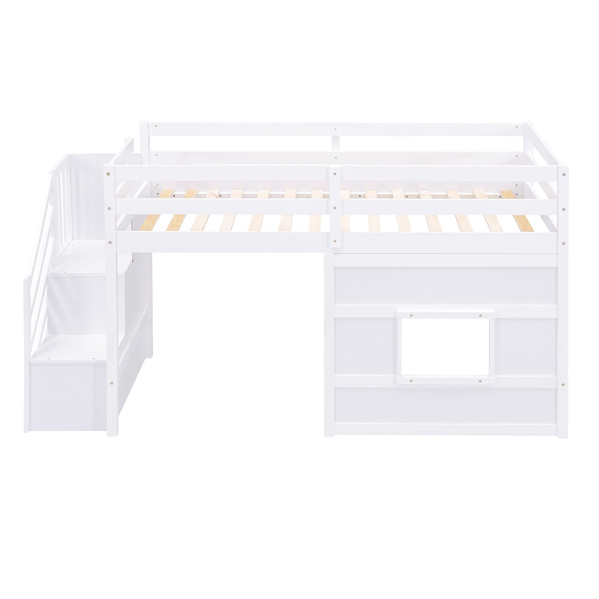 Twin Loft Bed with Storage Staircase and Window in Wood, White or Gray | Just Better Bunk Beds