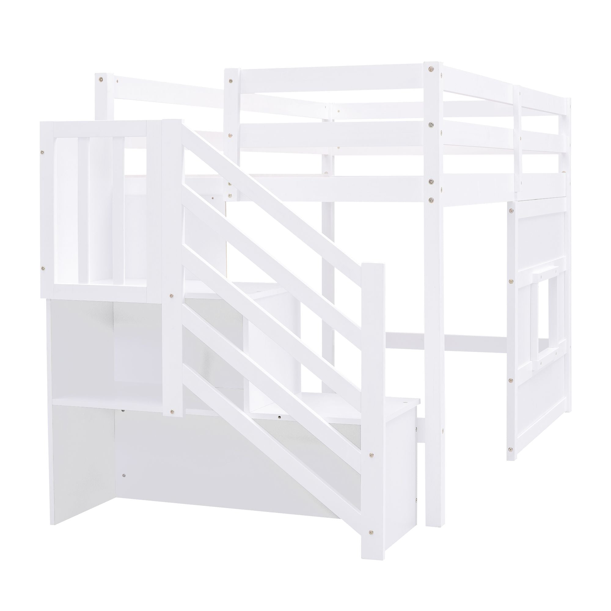 Twin Loft Bed with Storage Staircase and Window in Wood, White or Gray | Just Better Bunk Beds