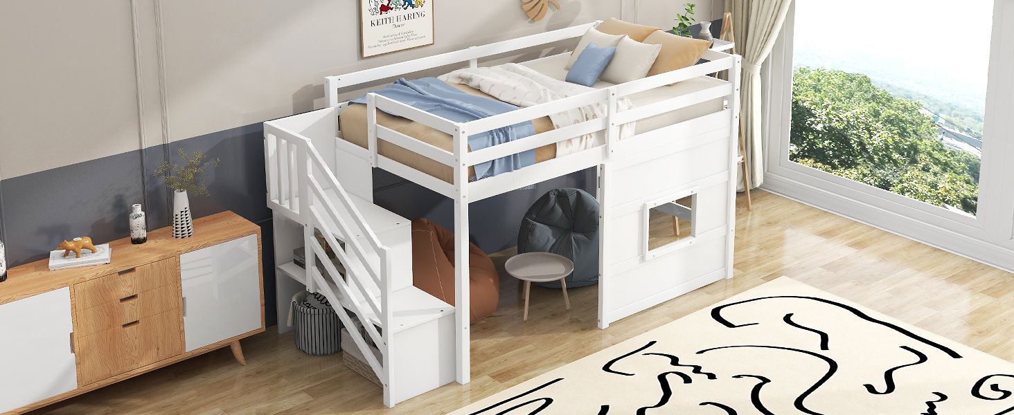 Twin Loft Bed with Storage Staircase and Window in Wood, White or Gray | Just Better Bunk Beds
