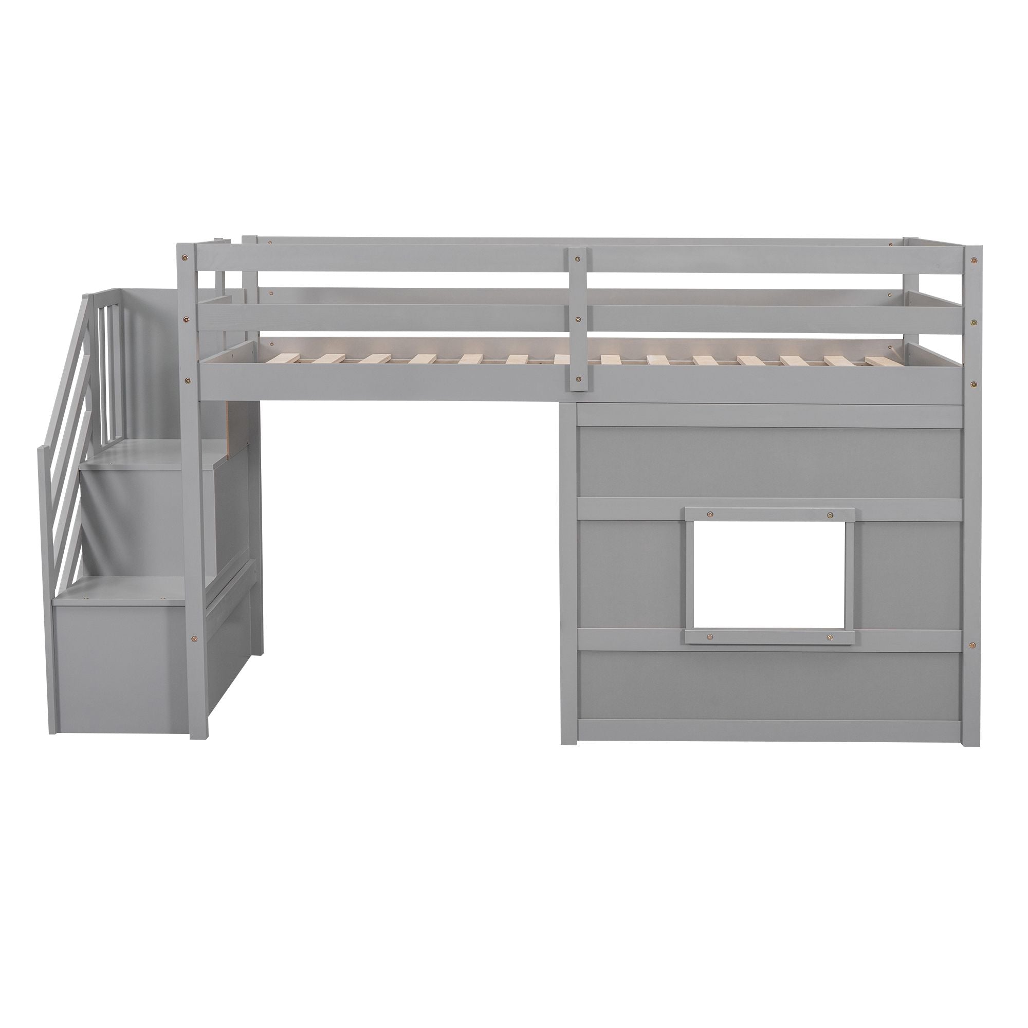 Twin Loft Bed with Storage Staircase and Window in Wood, White or Gray | Just Better Bunk Beds
