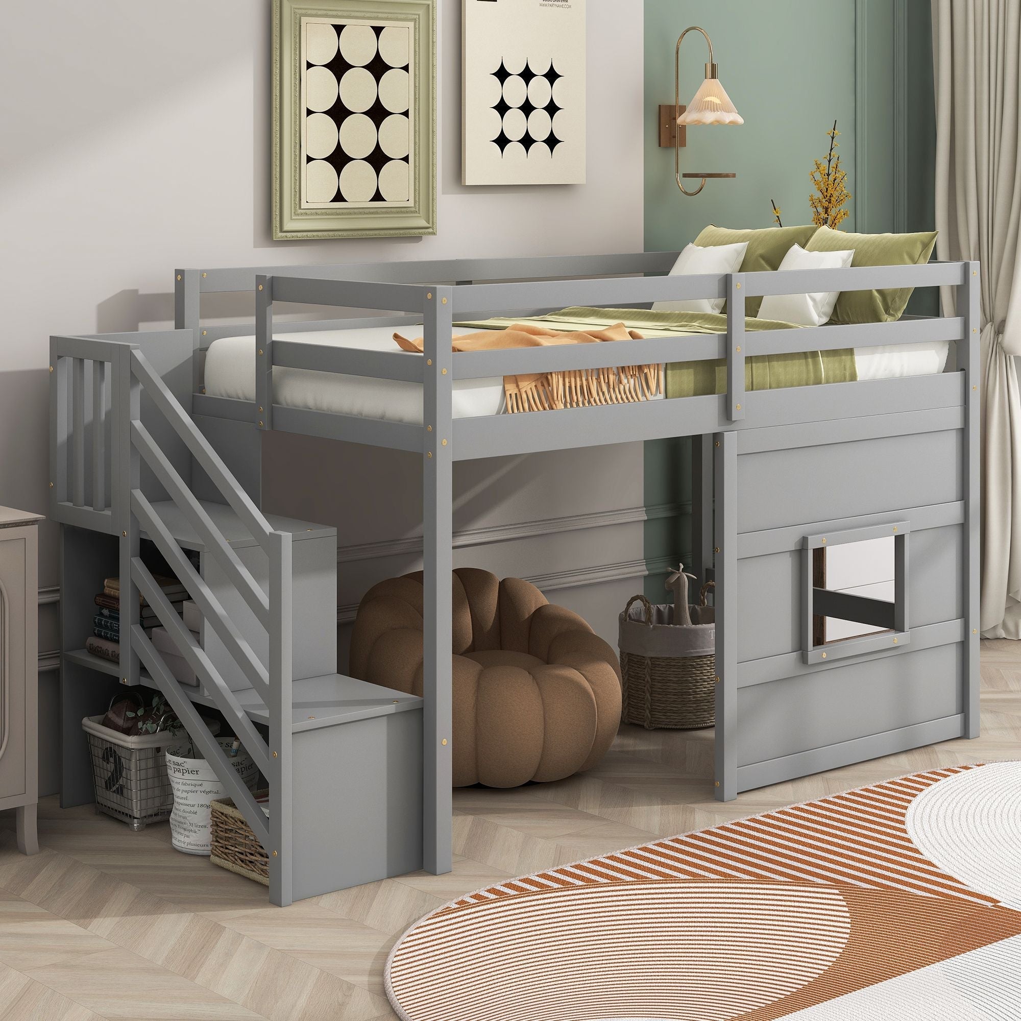 Twin Loft Bed with Storage Staircase and Window in Wood, White or Gray | Just Better Bunk Beds