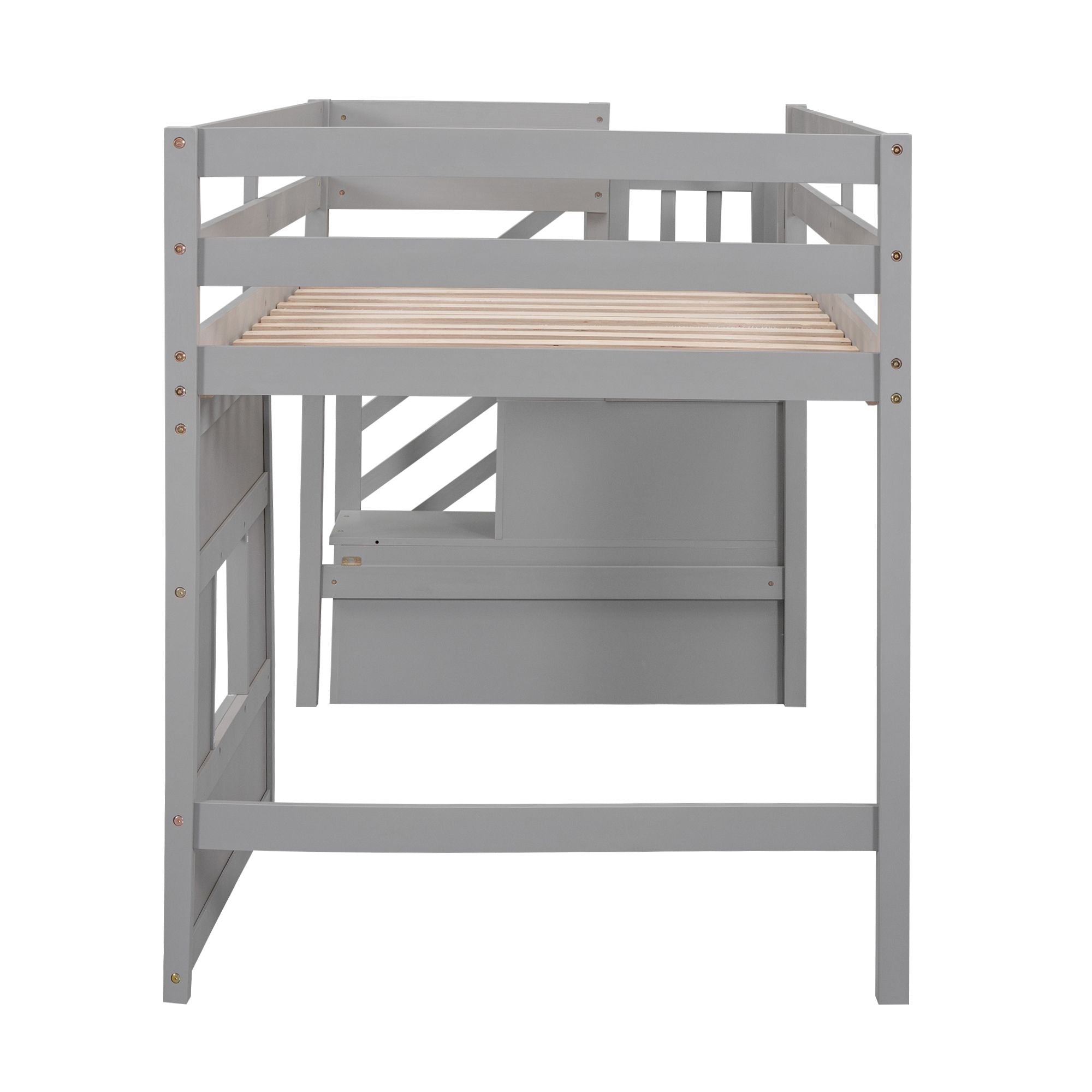 Twin Loft Bed with Storage Staircase and Window in Wood, White or Gray | Just Better Bunk Beds