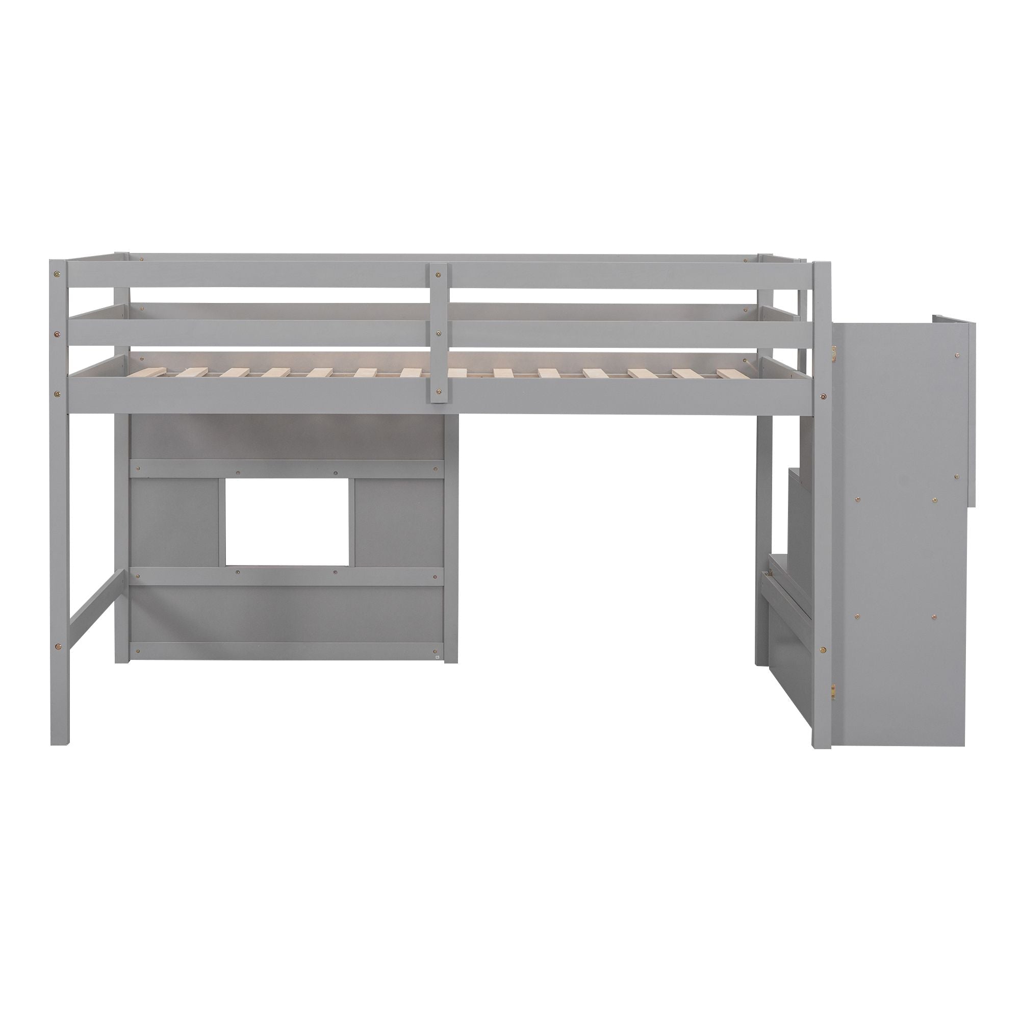 Twin Loft Bed with Storage Staircase and Window in Wood, White or Gray | Just Better Bunk Beds