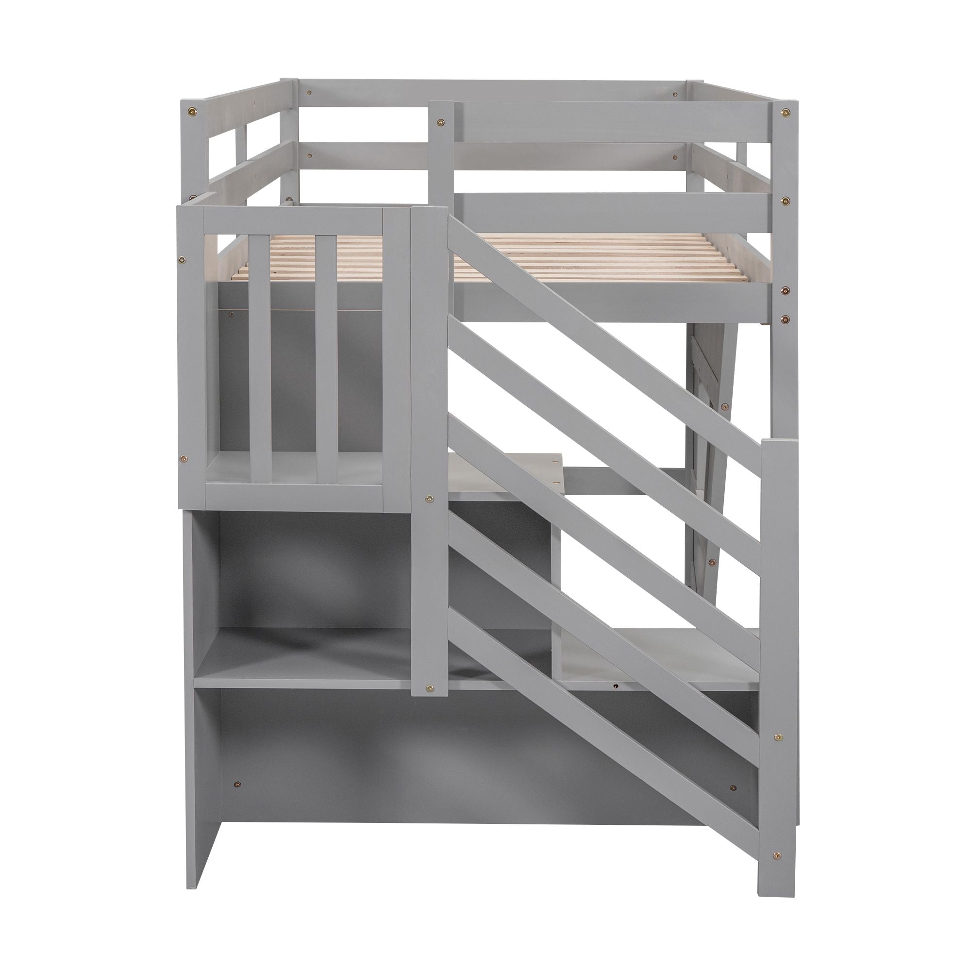 Twin Loft Bed with Storage Staircase and Window in Wood, White or Gray | Just Better Bunk Beds