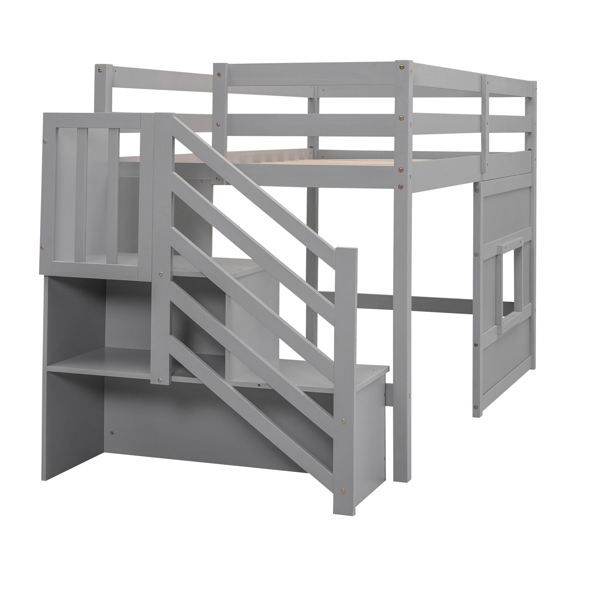 Twin Loft Bed with Storage Staircase and Window in Wood, White or Gray | Just Better Bunk Beds