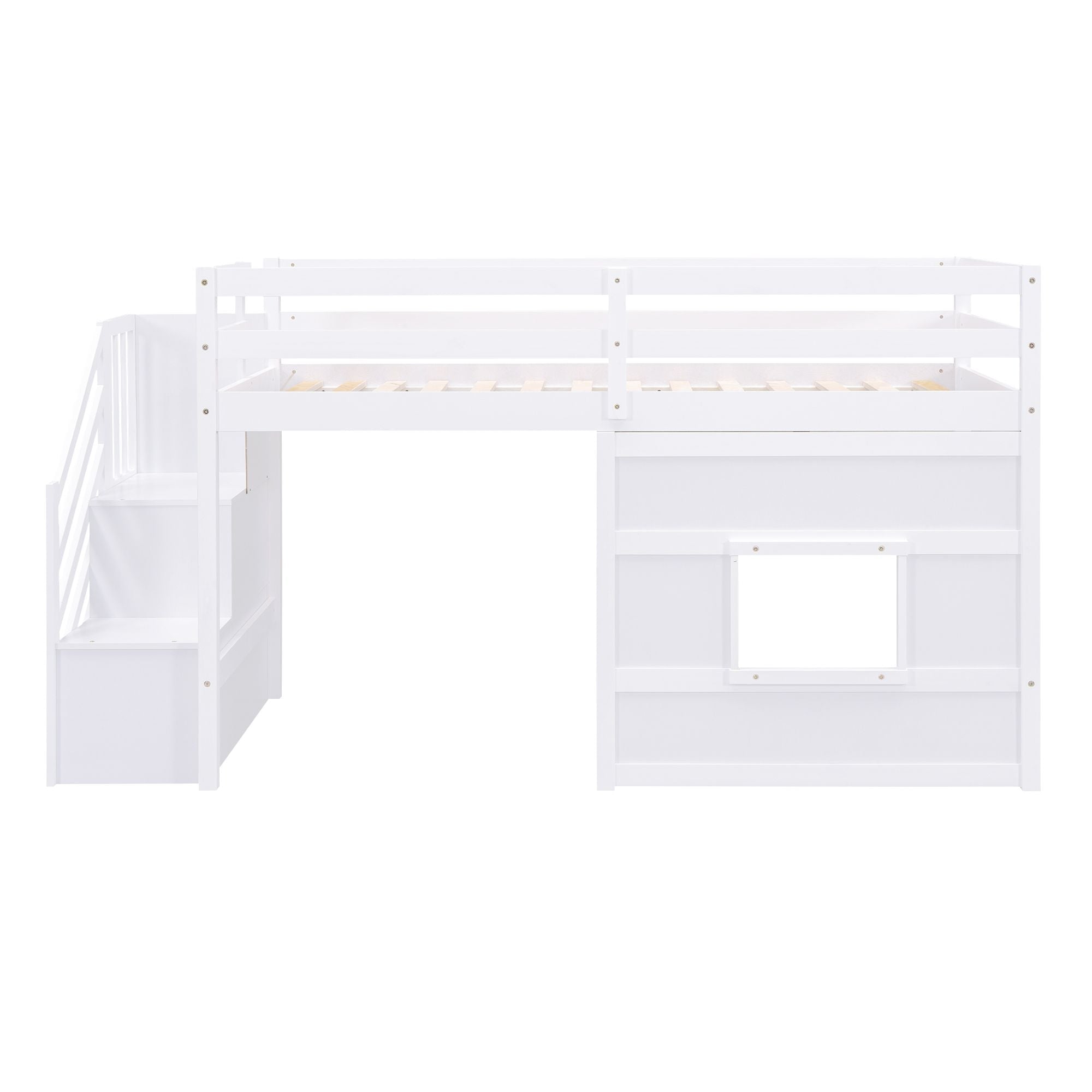 Twin Loft Bed with Storage Staircase and Window in Wood, White or Gray | Just Better Bunk Beds