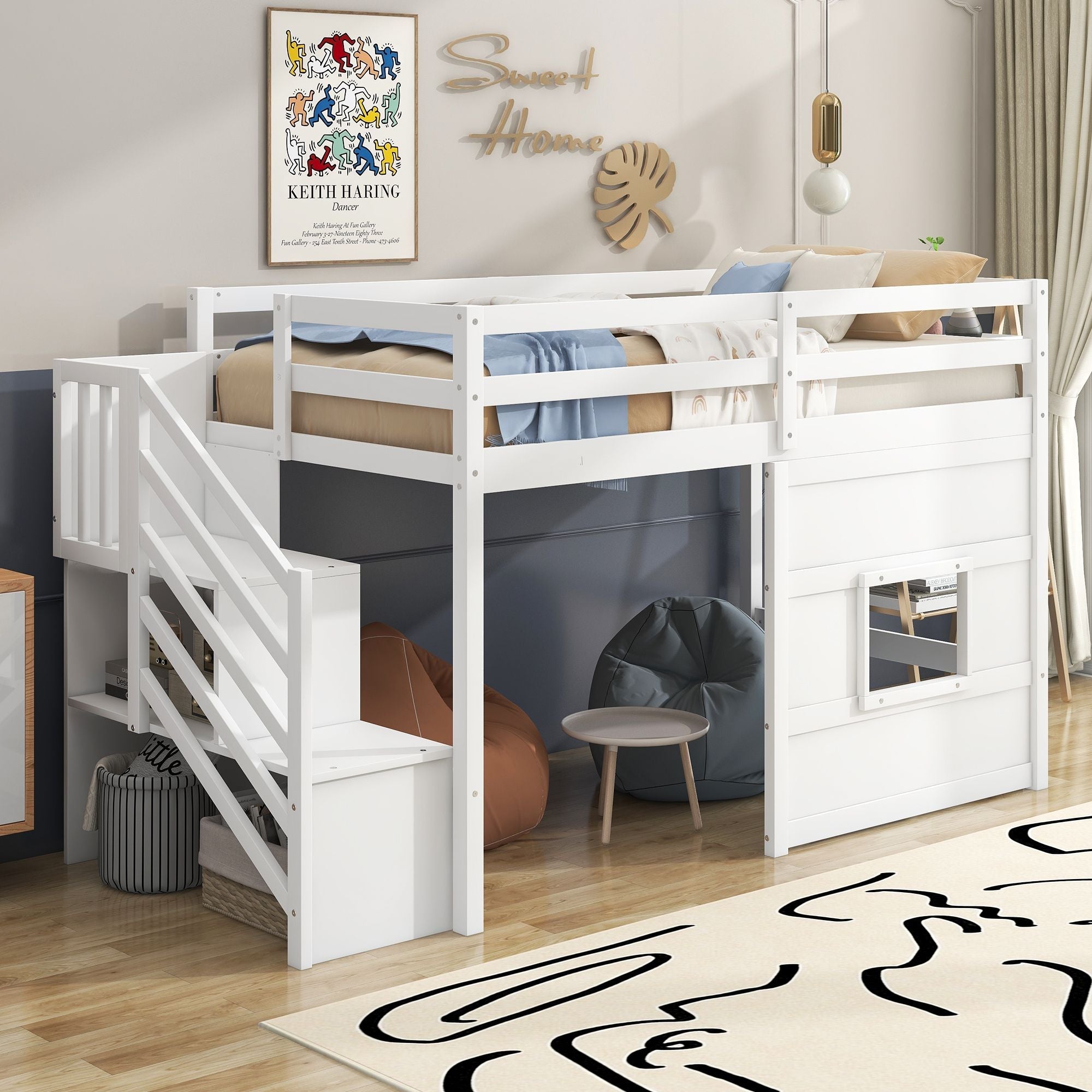 Twin Loft Bed with Storage Staircase and Window in Wood, White or Gray | Just Better Bunk Beds