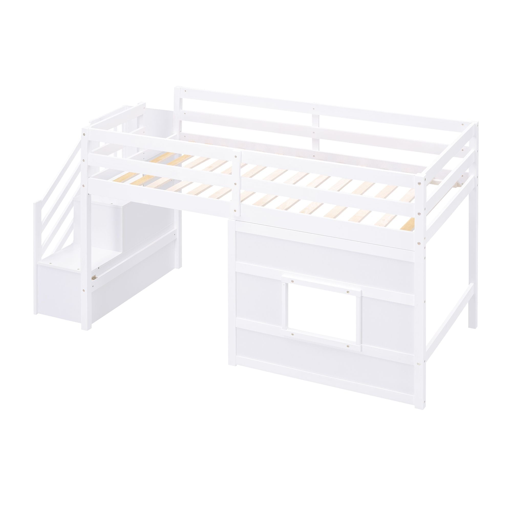 Twin Loft Bed with Storage Staircase and Window in Wood, White or Gray | Just Better Bunk Beds