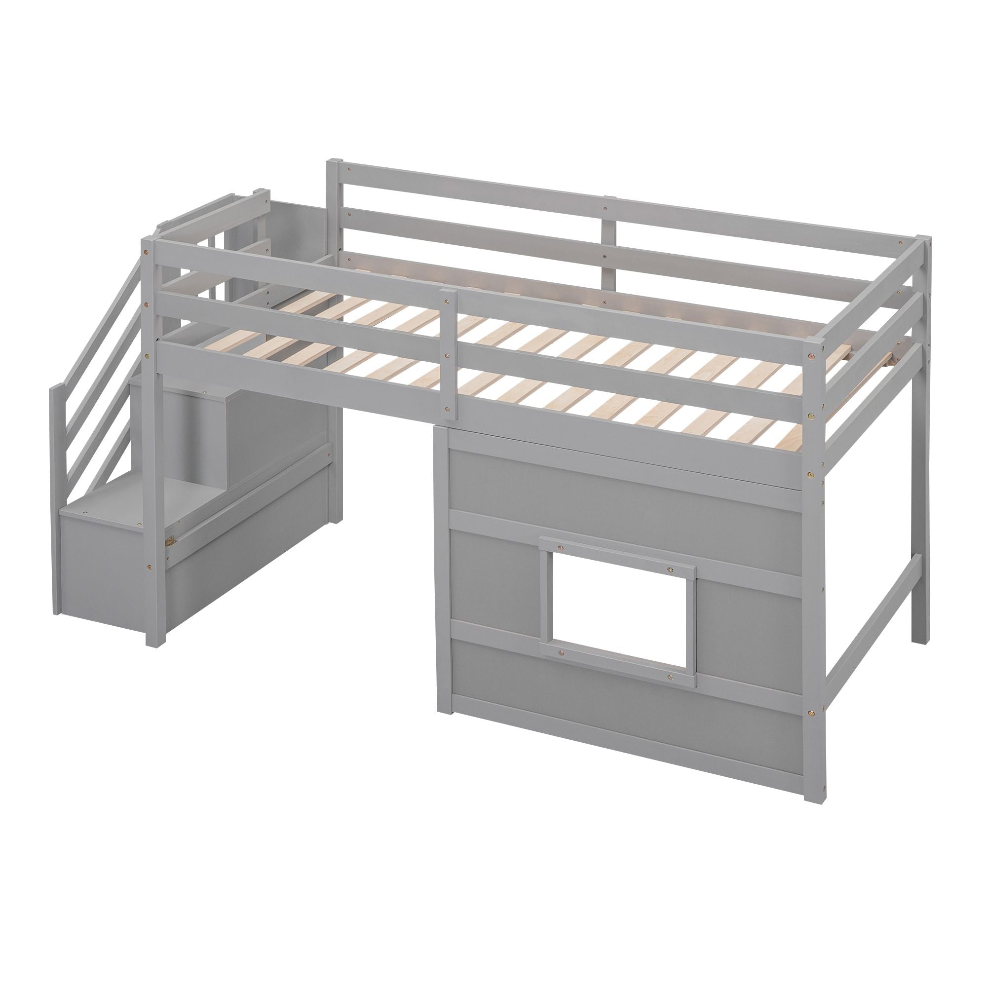 Twin Loft Bed with Storage Staircase and Window in Wood, White or Gray | Just Better Bunk Beds
