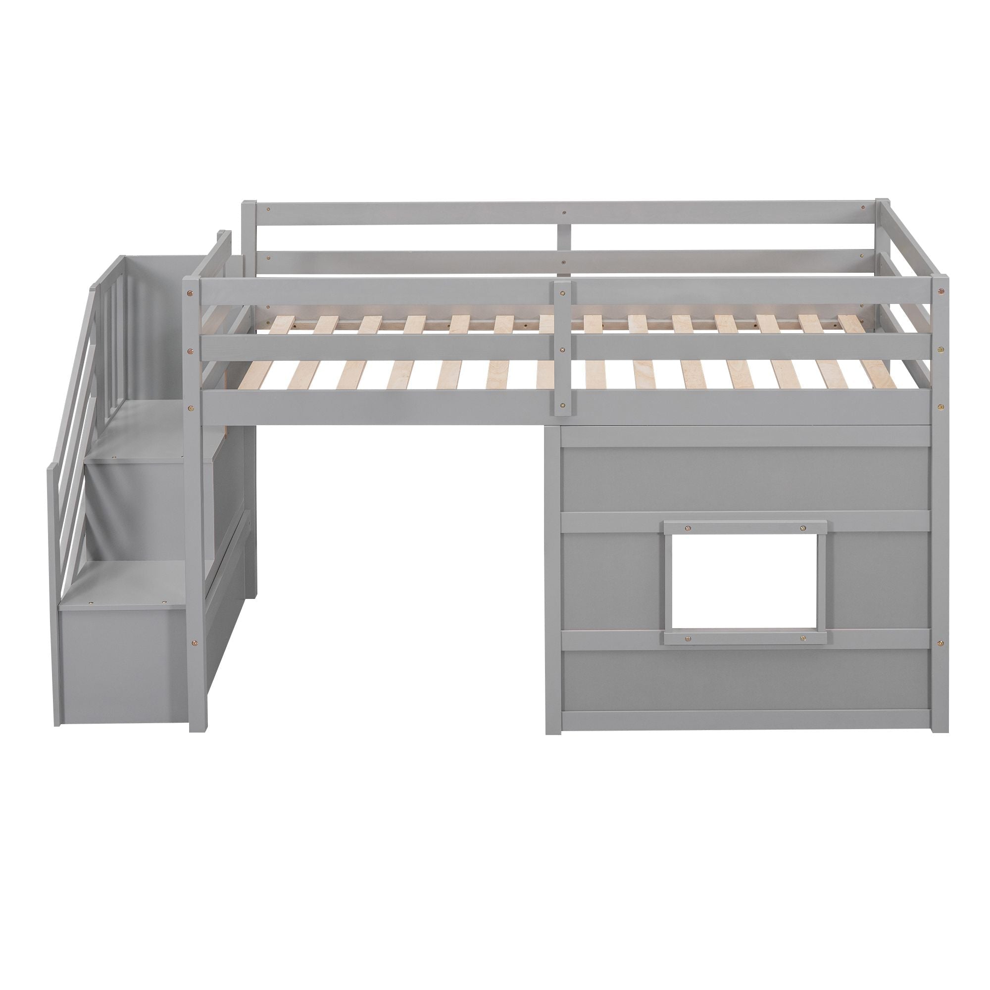 Twin Loft Bed with Storage Staircase and Window in Wood, White or Gray | Just Better Bunk Beds