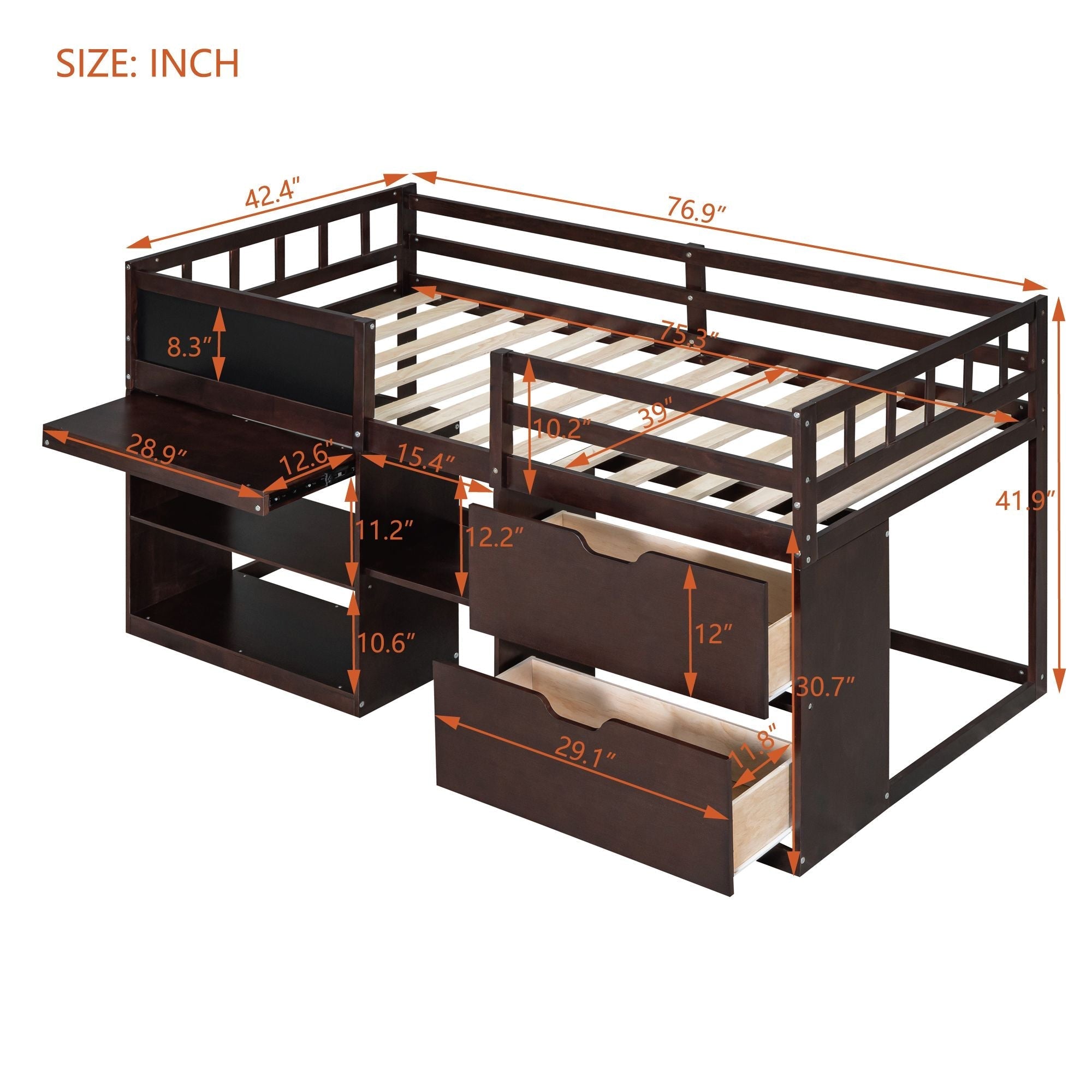 Twin Low Loft Wood Bed with Rolling Desk, Shelves, and Drawers in White, Gray, or Espresso | Just Better Bunk Beds