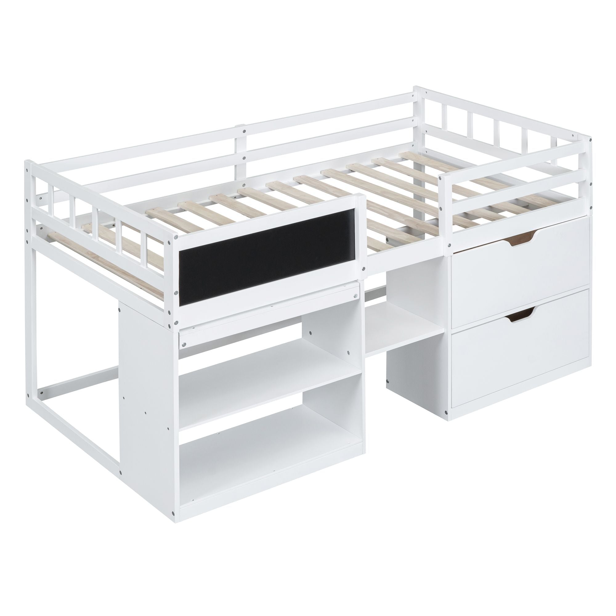 Twin Low Loft Wood Bed with Rolling Desk, Shelves, and Drawers in White, Gray, or Espresso | Just Better Bunk Beds