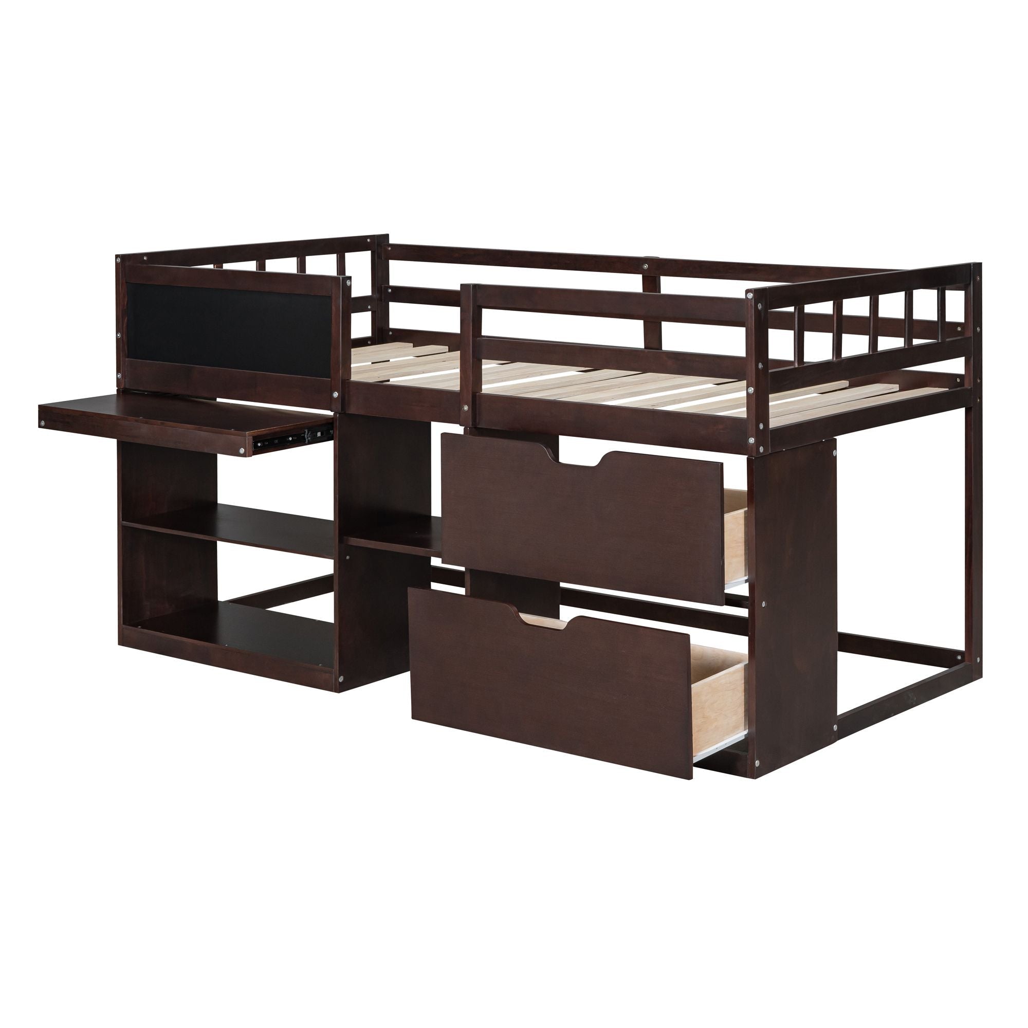 Twin Low Loft Wood Bed with Rolling Desk, Shelves, and Drawers in White, Gray, or Espresso | Just Better Bunk Beds