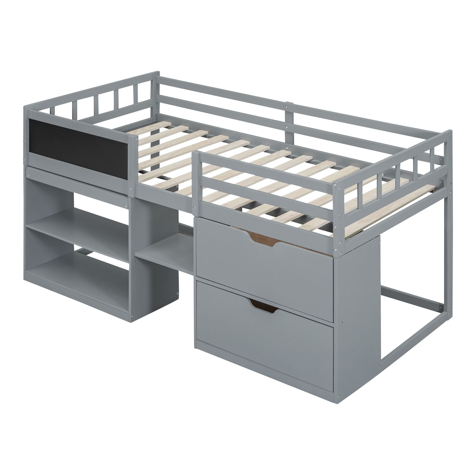 Twin Low Loft Wood Bed with Rolling Desk, Shelves, and Drawers in White, Gray, or Espresso | Just Better Bunk Beds