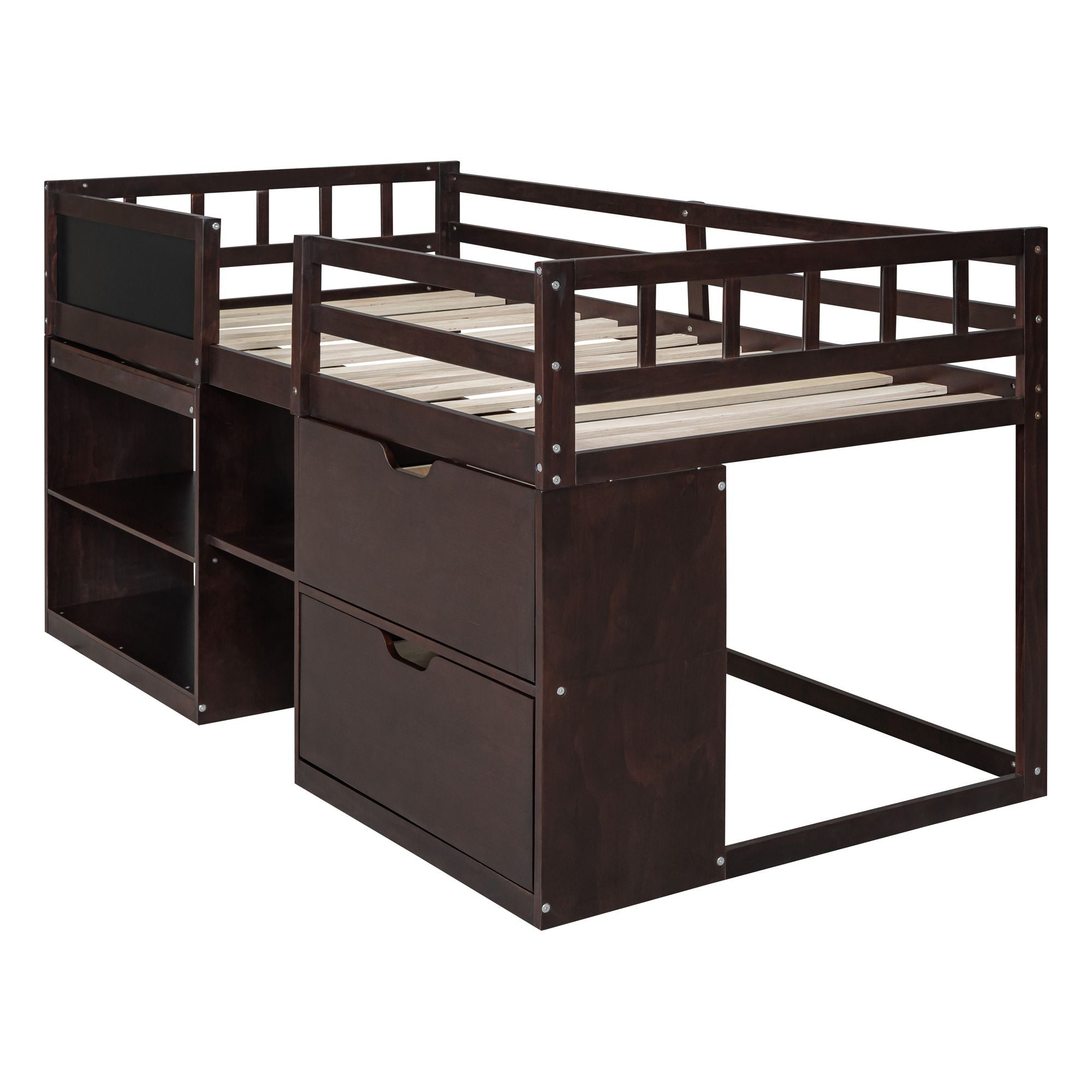 Twin Low Loft Wood Bed with Rolling Desk, Shelves, and Drawers in White, Gray, or Espresso | Just Better Bunk Beds