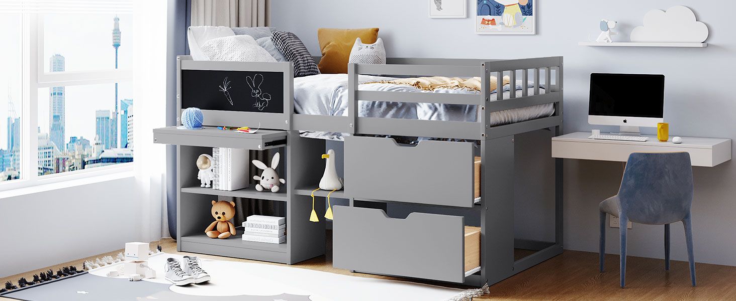 Twin Low Loft Wood Bed with Rolling Desk, Shelves, and Drawers in White, Gray, or Espresso | Just Better Bunk Beds