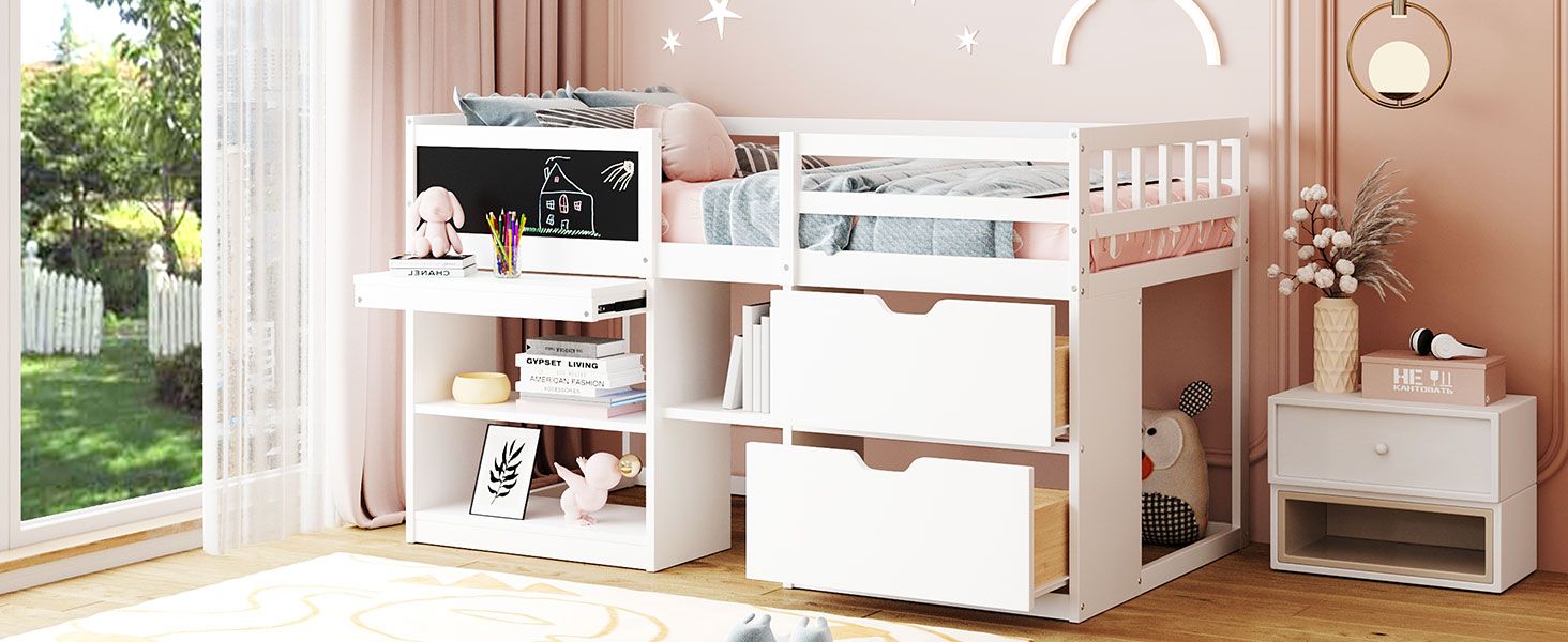 Twin Low Loft Wood Bed with Rolling Desk, Shelves, and Drawers in White, Gray, or Espresso | Just Better Bunk Beds