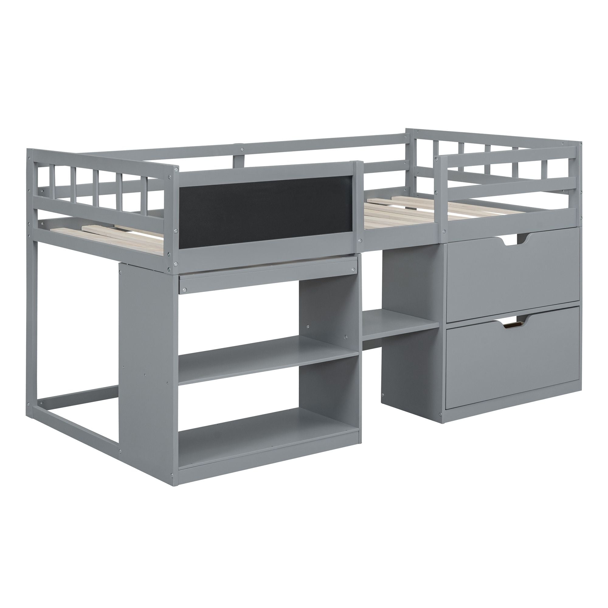 Twin Low Loft Wood Bed with Rolling Desk, Shelves, and Drawers in White, Gray, or Espresso | Just Better Bunk Beds