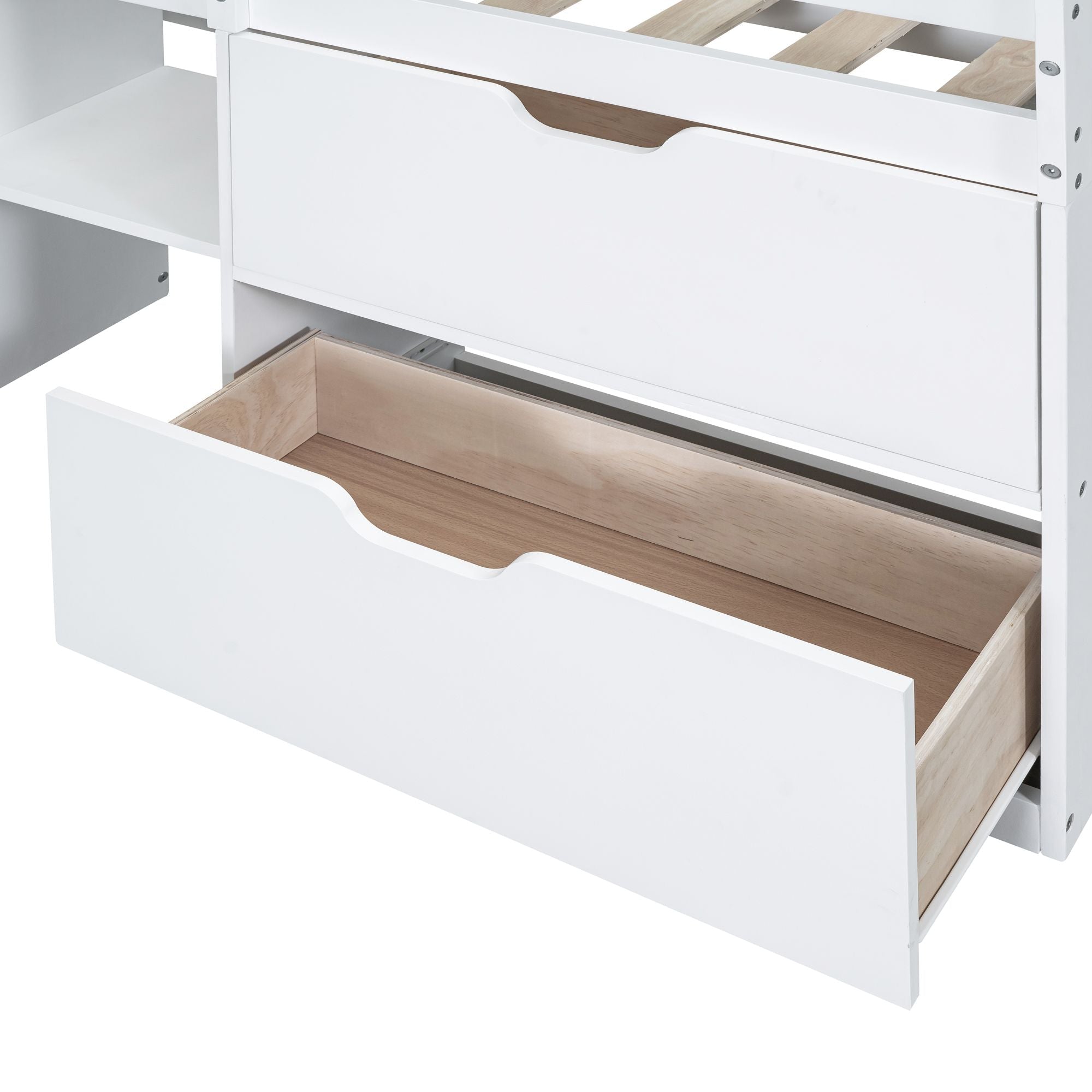 Twin Low Loft Wood Bed with Rolling Desk, Shelves, and Drawers in White, Gray, or Espresso | Just Better Bunk Beds