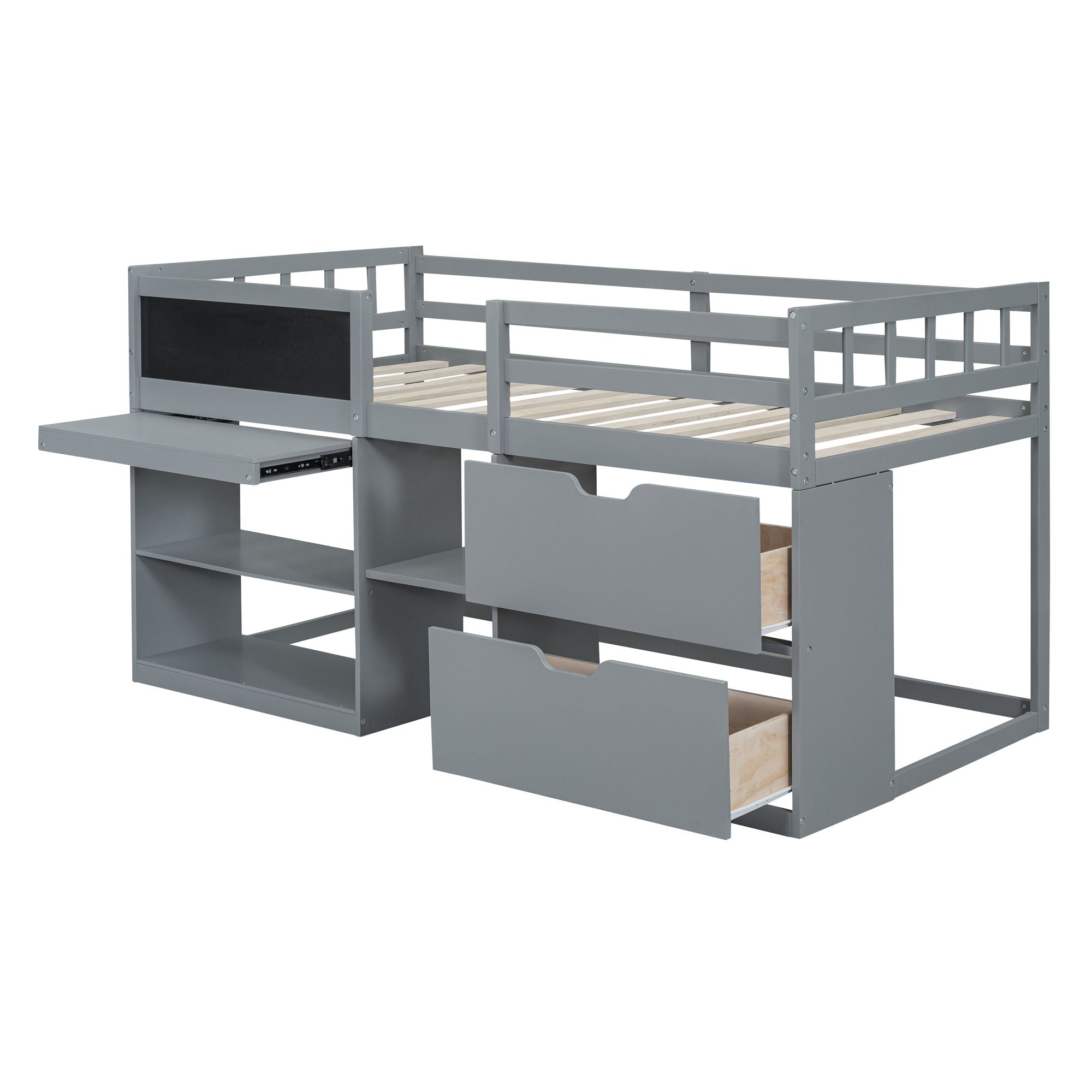 Twin Low Loft Wood Bed with Rolling Desk, Shelves, and Drawers in White, Gray, or Espresso | Just Better Bunk Beds