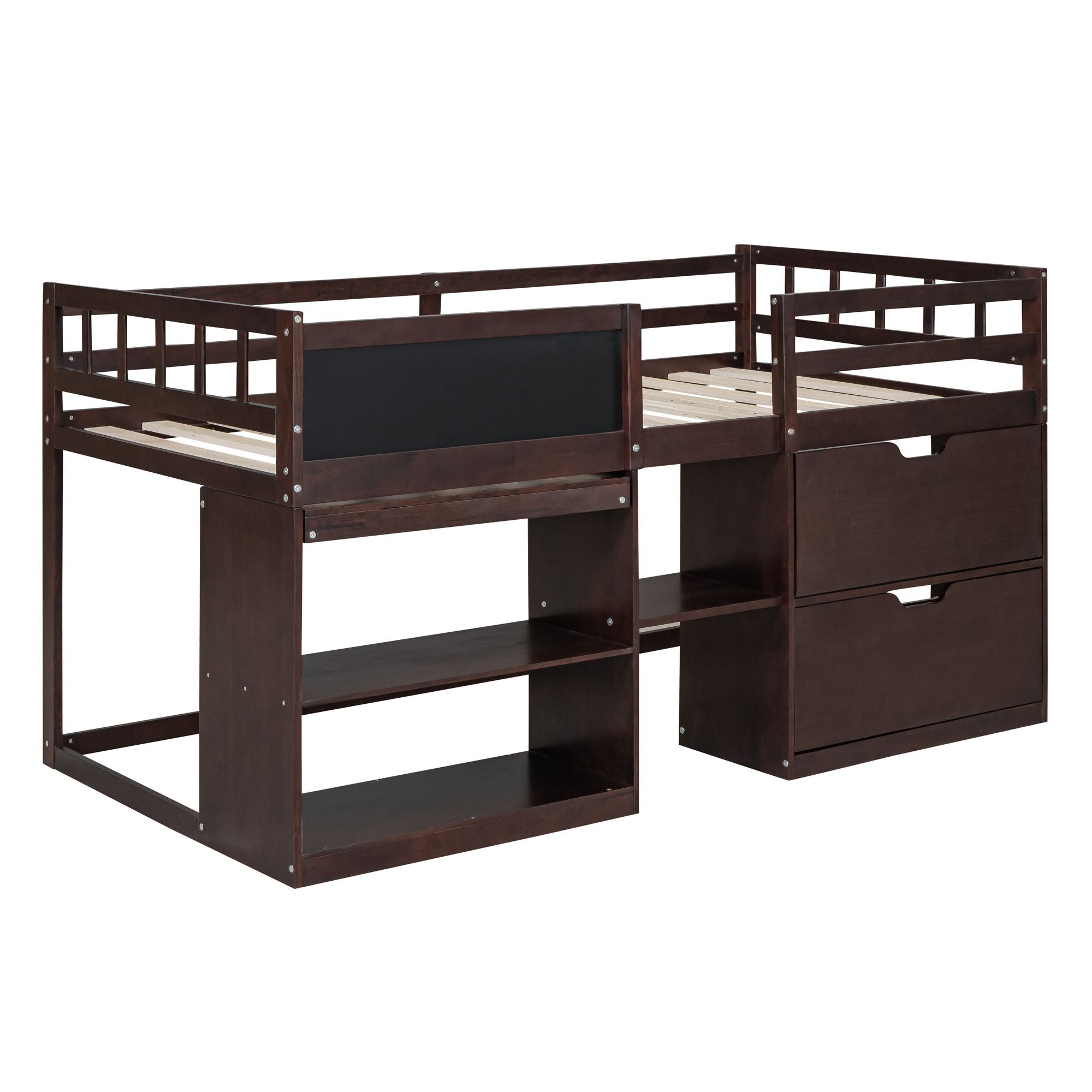 Twin Low Loft Wood Bed with Rolling Desk, Shelves, and Drawers in White, Gray, or Espresso | Just Better Bunk Beds